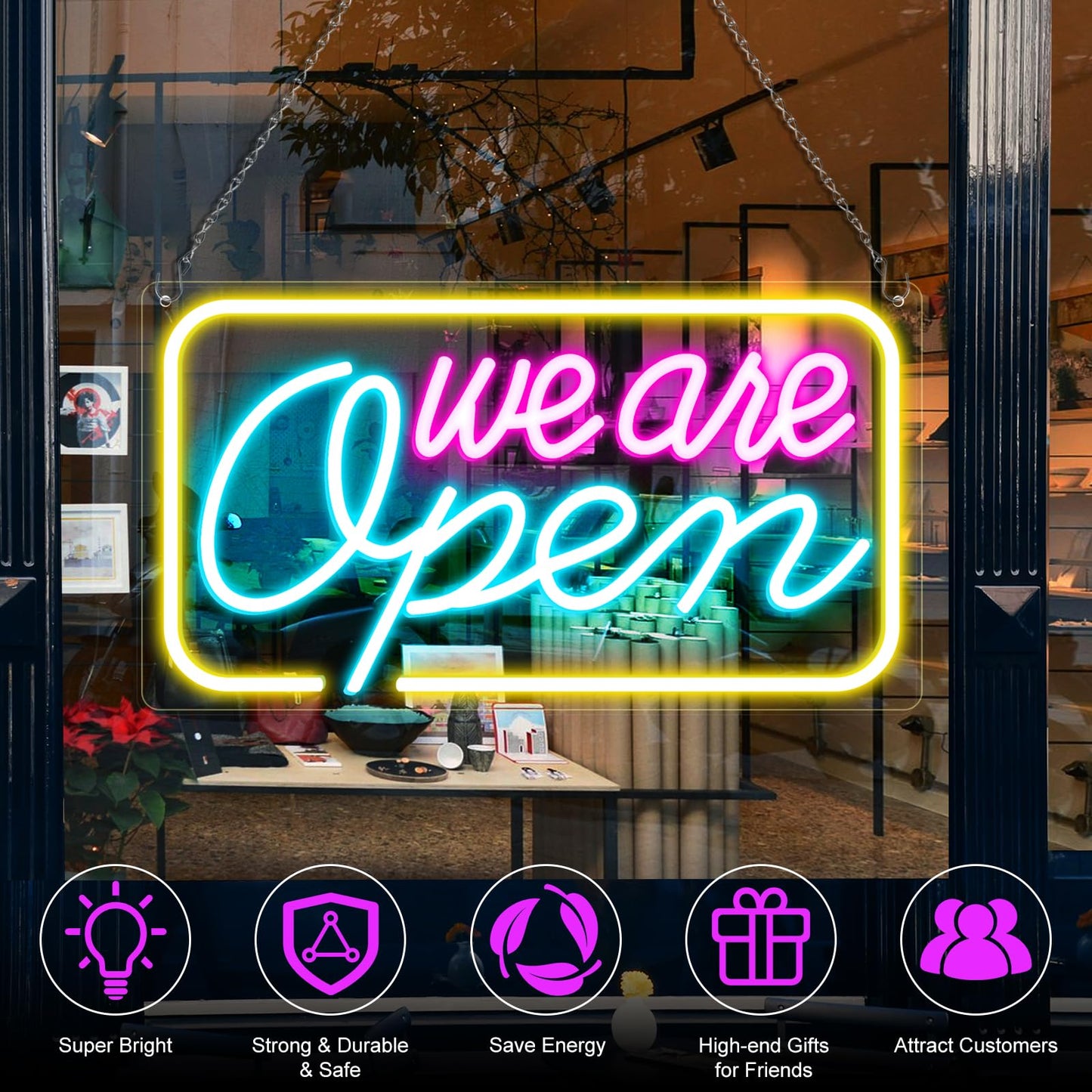Neon We Are Open Signs for Business, 16.5''x 9'' Open Sign LED, Super Bright & Easy to Spot Open Neon Sign(Pink&Blue&Yello), with ON/OFF Switch & Adapter, Ideal for Window, Party, Wall, Bars, Coffee