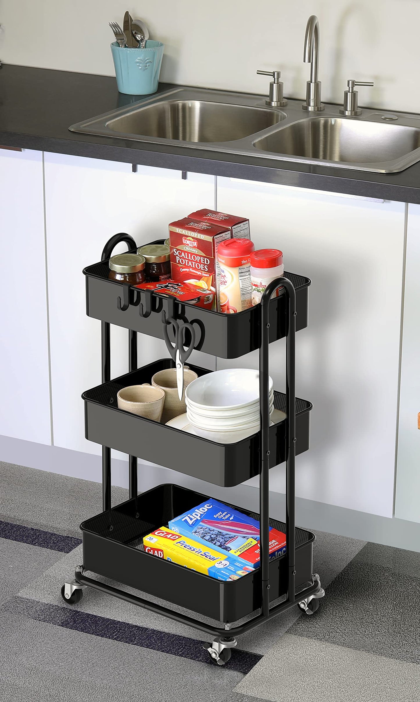 Simple Houseware 3-Tier Metal Kitchen Cart Utility Rolling Cart, Black