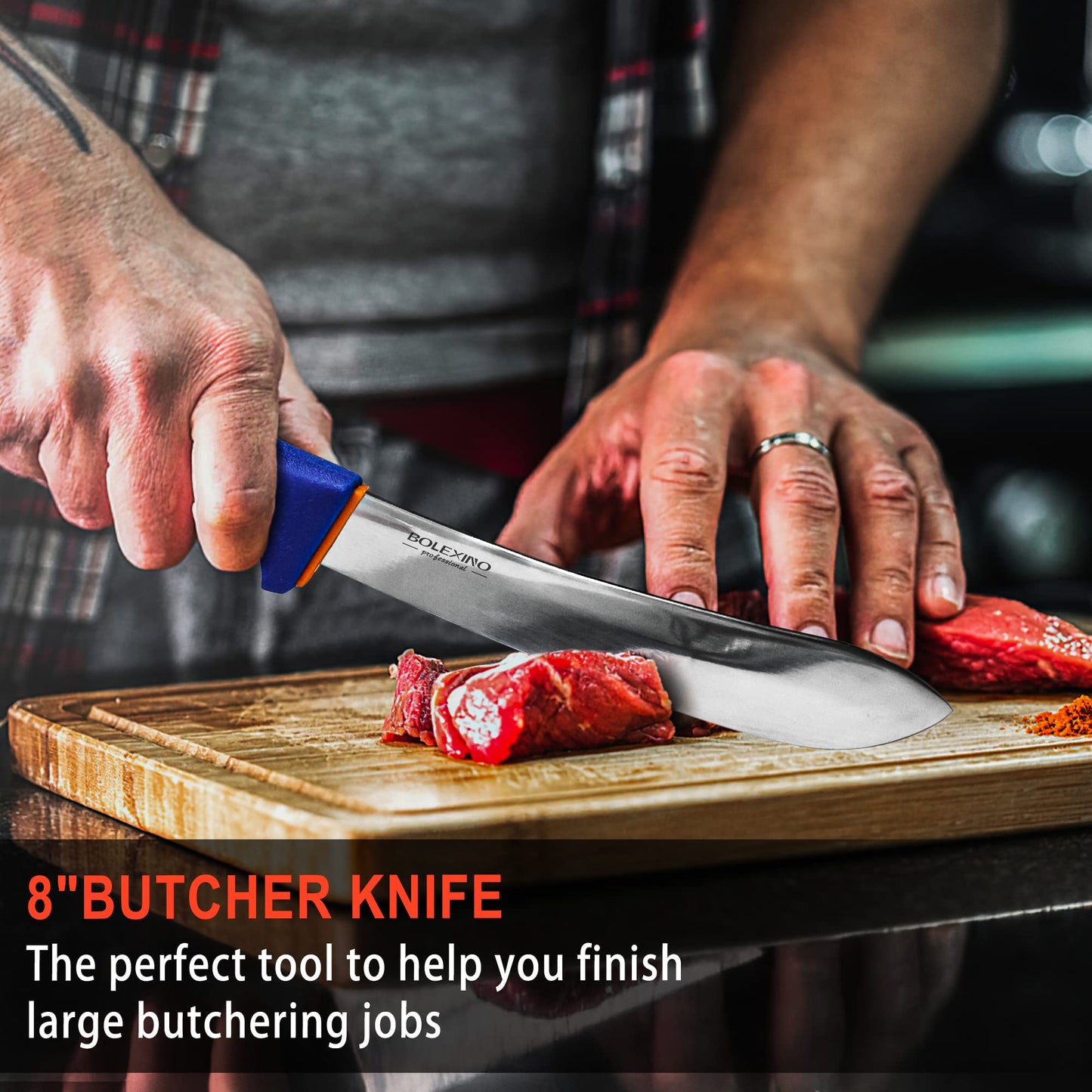 BOLEXINO 5 PCS Butcher Knife Set with Non-Slip Softgrip, Commerical Grade for Meat Cutting Skinning Boning Slicing, Incl. 10" Sharpener Rod & Portable Knife Roll Bag, X50CrMoV15 German Steel