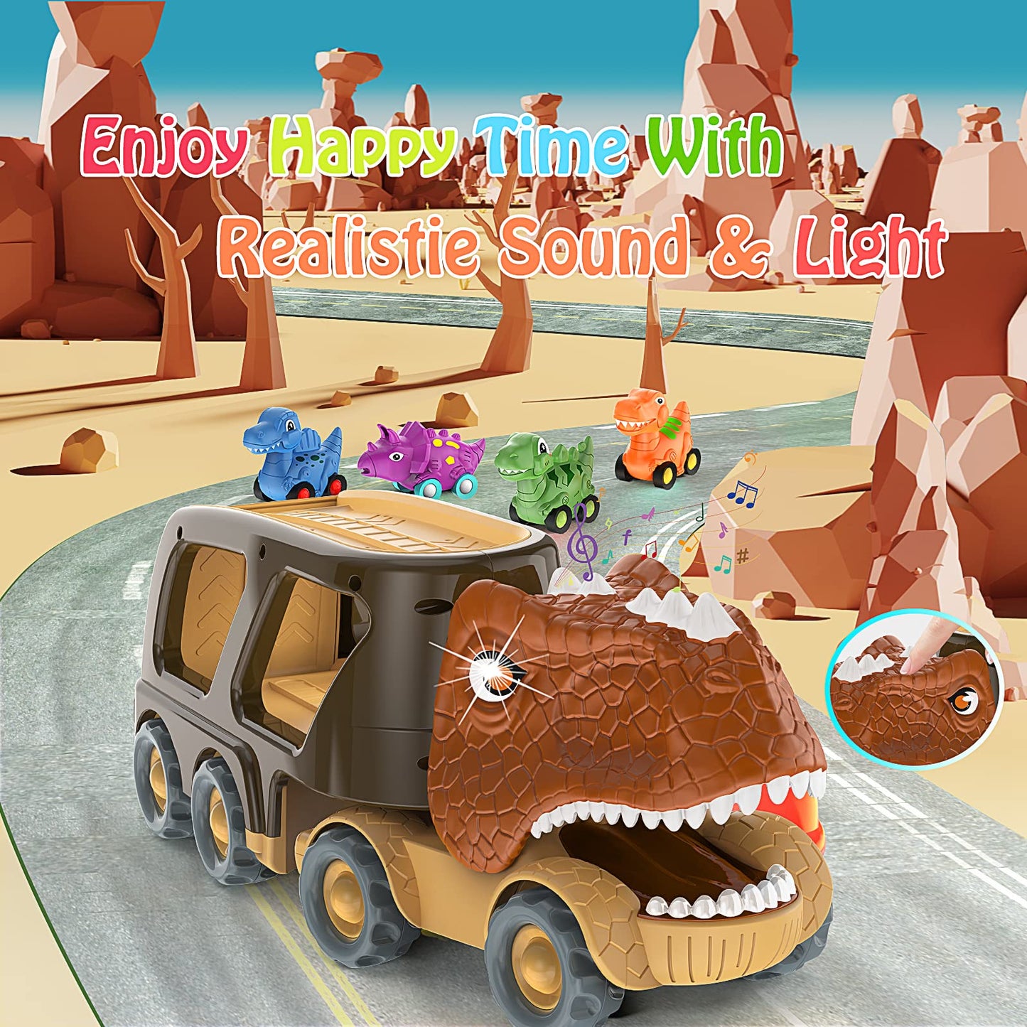 Dinosaur Truck Toy Car for Kids, Friction Power Carrier Vehicle with 4 Pack Small Pull Back Dino Car, Christmas Birthday Gift for 18M+ 2 3 4 5 Years Old Boys Toddlers