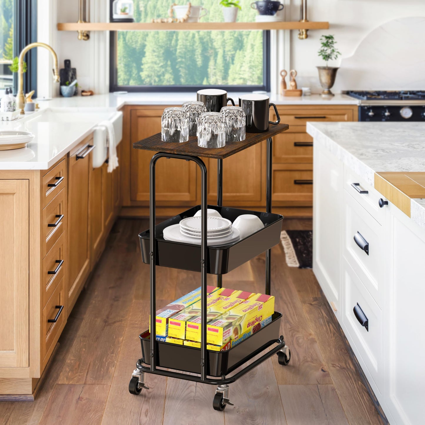 Simple Houseware 3-Tier Metal Rolling Utility Cart with Wooden Top and Lockable Wheel, Storage Organizer Trolley for Kitchen, Bathroom, Office, Craft Room, Rustic Brown