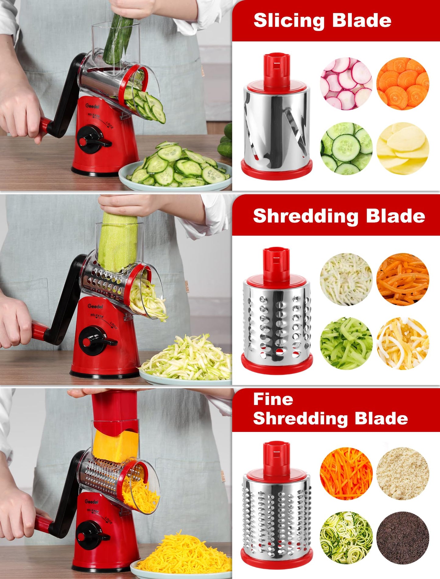 Geedel Rotary Cheese Grater Vegetable Shredder with 6 Interchangeable Blades No Slip Suction Base, Mandoline Slicer & Food Chopper for Cheese, Ice, Nuts, Vegetables, Veggie