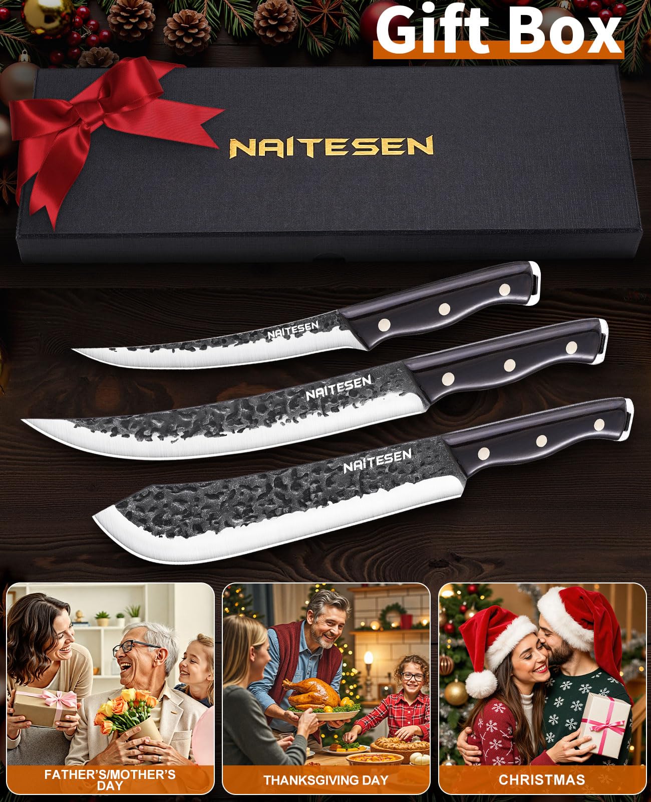 Naitesen Professional Butcher Knife Set 3, Bullnose Meat Cleaver Breaking Knife Boning Knife Hand Forged Very Sharp for Meat Cutting Home Kitchen Cooking BBQ