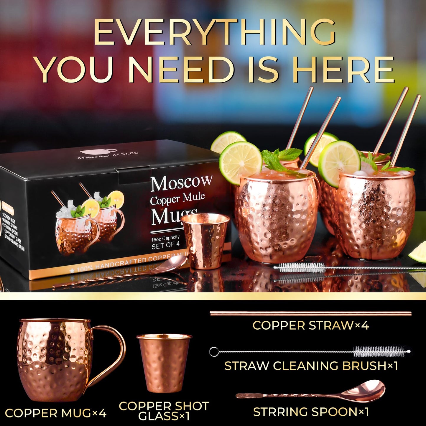 Moscow Mule Copper Mugs - Set of 4 100% Handcrafted Solid 16 oz Copper Mugs with 4 Copper Straws, 1 Stirring Spoon, 1 Copper Shot Glass, 1 Straw Cleaning Brush,Ideal Christmas Gifts for Men Women