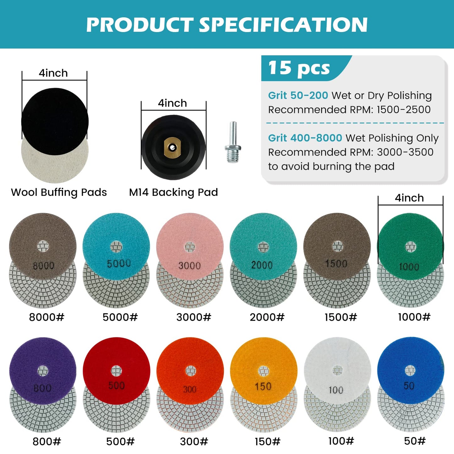 Abizarch 15Pcs 4 Inch Diamond Polishing Pads with Backer Pad, Wet/Dry 50-8000 Grit Polish Pad Kit for Drill Grinder Polisher Concrete Granite Marble Quartz Countertop Stone Rock