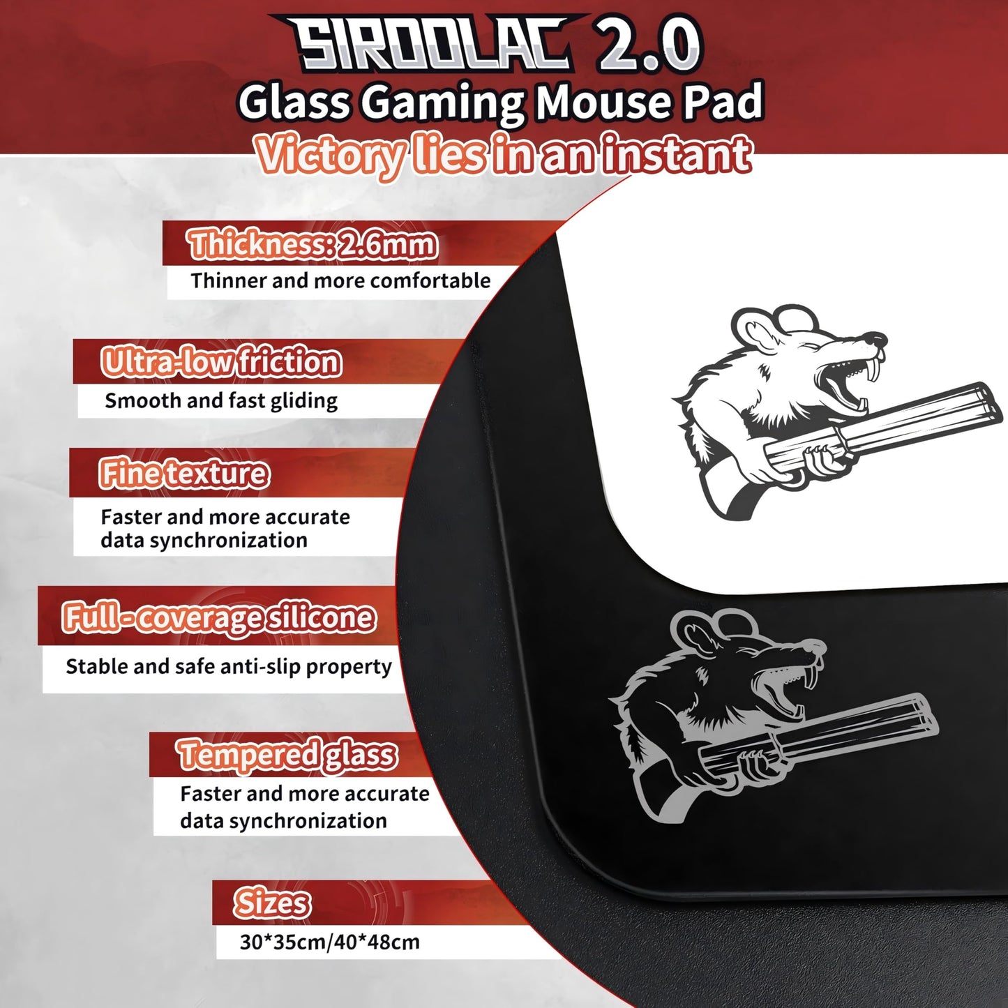 SIROOLAC 2.0 Glass Gaming Mouse Pad,for FPS Games,Full-Coverage Bottom Adhesive,Etching Process,Extremely Thin,1.6mm Thin Glass Layer,A Shooting Experience (White, 400mm*480mm)