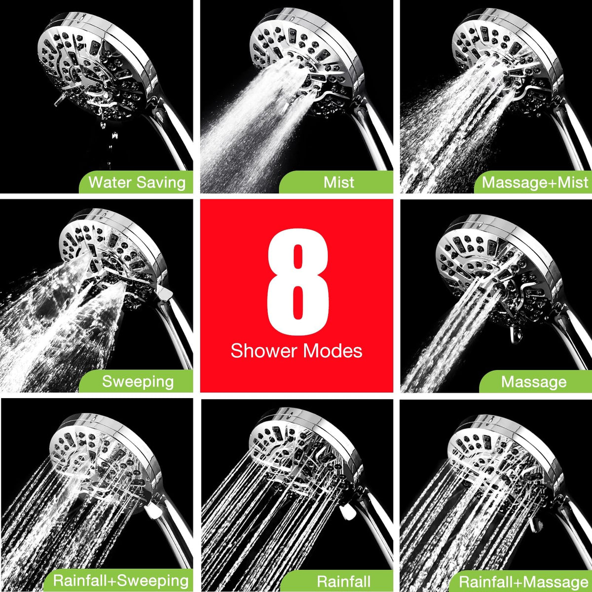 Handheld Shower Head with High Pressure 8+2 Modes, Luxau 5 Inch Hand Held Showerhead Set, W/Extra Long 2M Shower Hose and Adjustable Shower Arm Bracket Holder, Chrome (HS8001)
