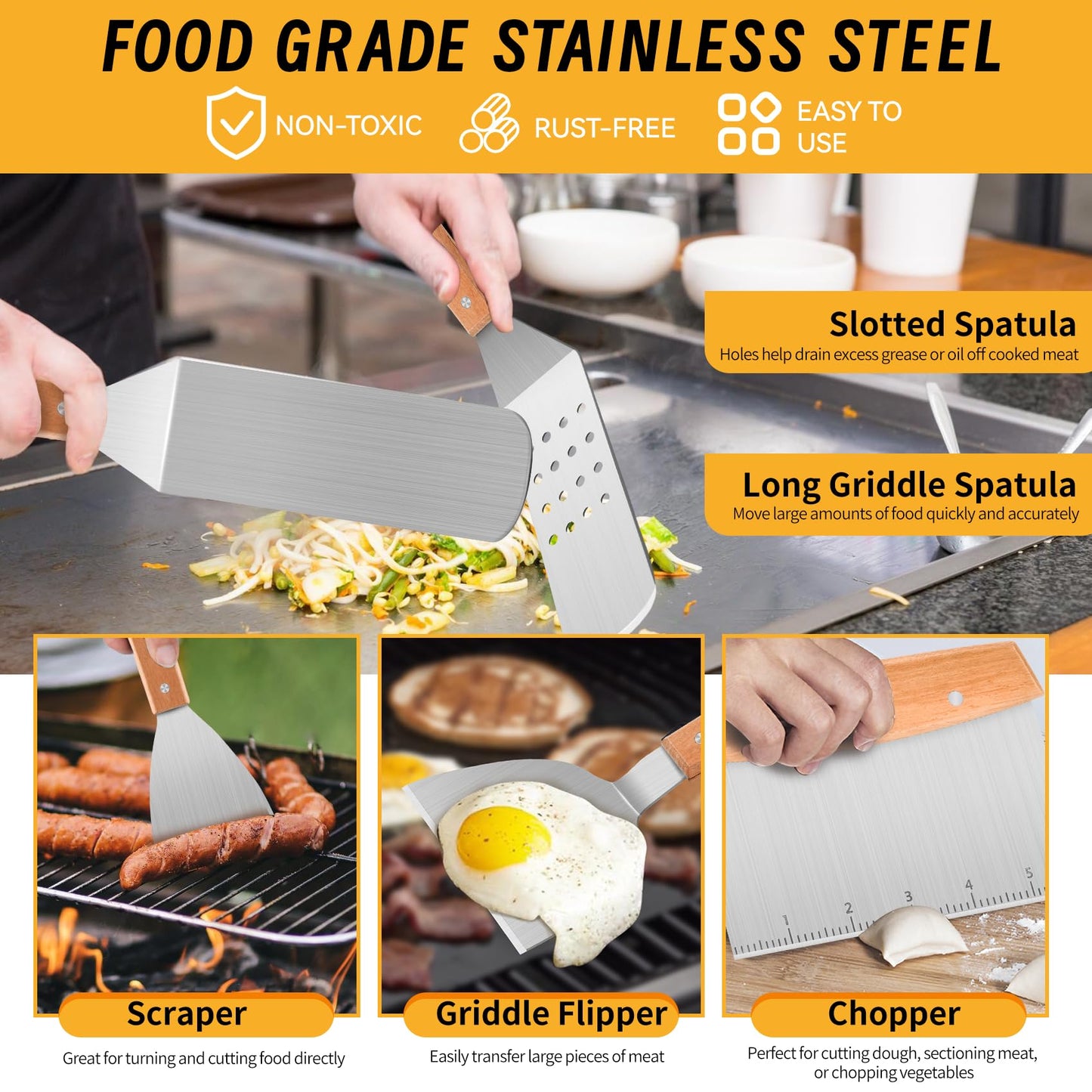 Onlyflame 15PCS Professional BBQ Griddle Tool Kit for Flat Top Grill Blackstone and Camp Chef - Stainless Steel Griddle Spatulas Accessories Kit with Basting Cover, Carry Bag and More Tools