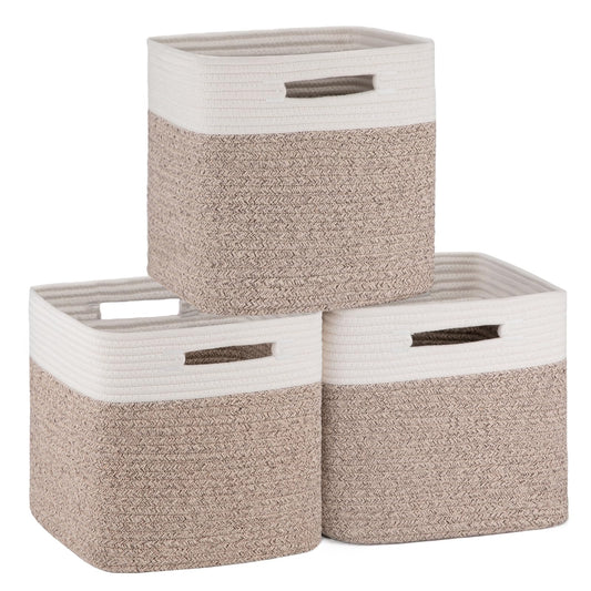 OIAHOMY Cube Storage Basket, 3-Pack Woven Cotton Rope Baskets for Storage, 11-Inch Cube Basket with Handles, Great for Shelves, Closets, Children's Toy Storage and Organization-White & Brown