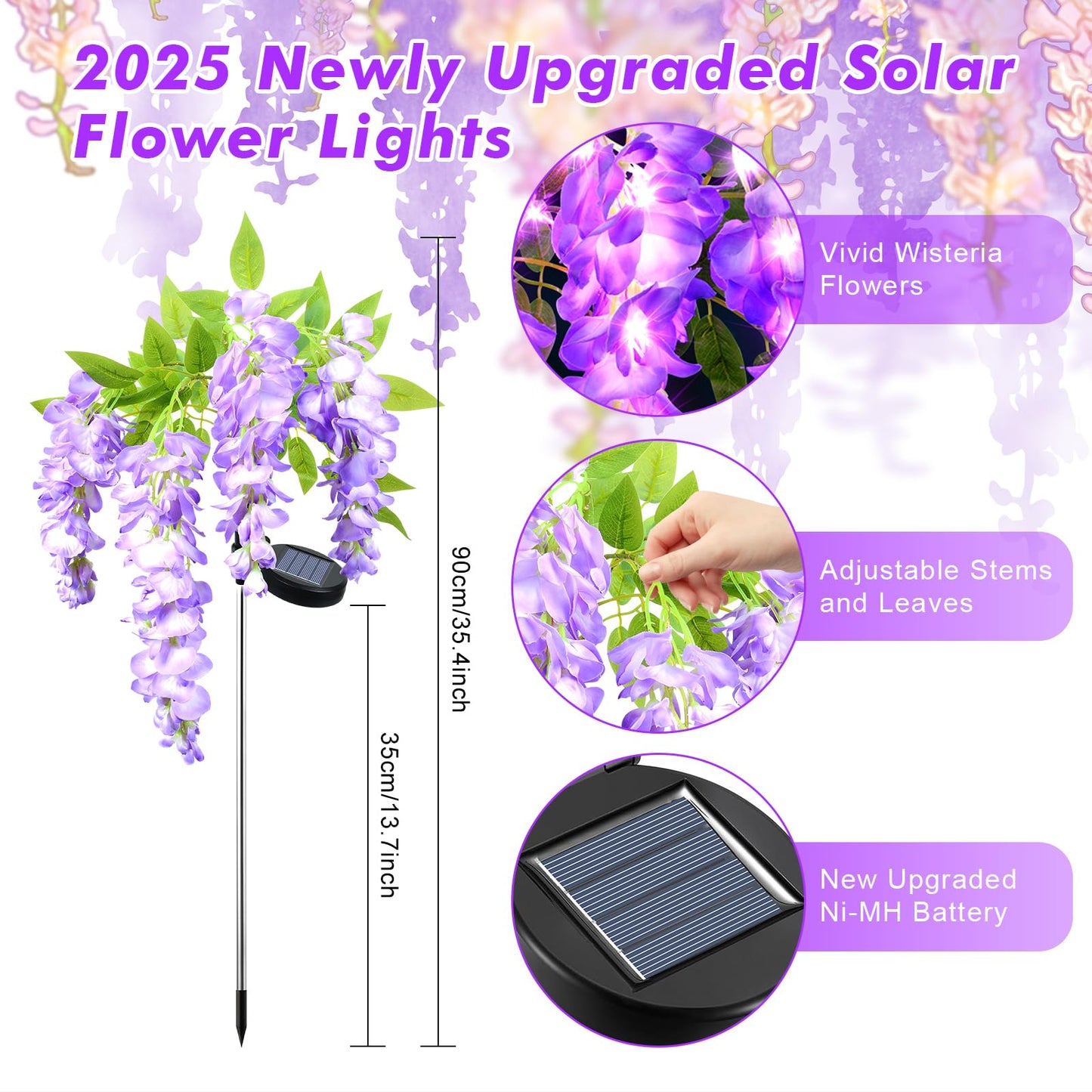 Ninonly Solar Garden Lights Outdoor, 2 Pack Solar Pathway Lights, 2 Lighting Modes Solar Wisteria Flowers Lights Outdoor Waterproof for Landscape Courtyard Lawn Decor