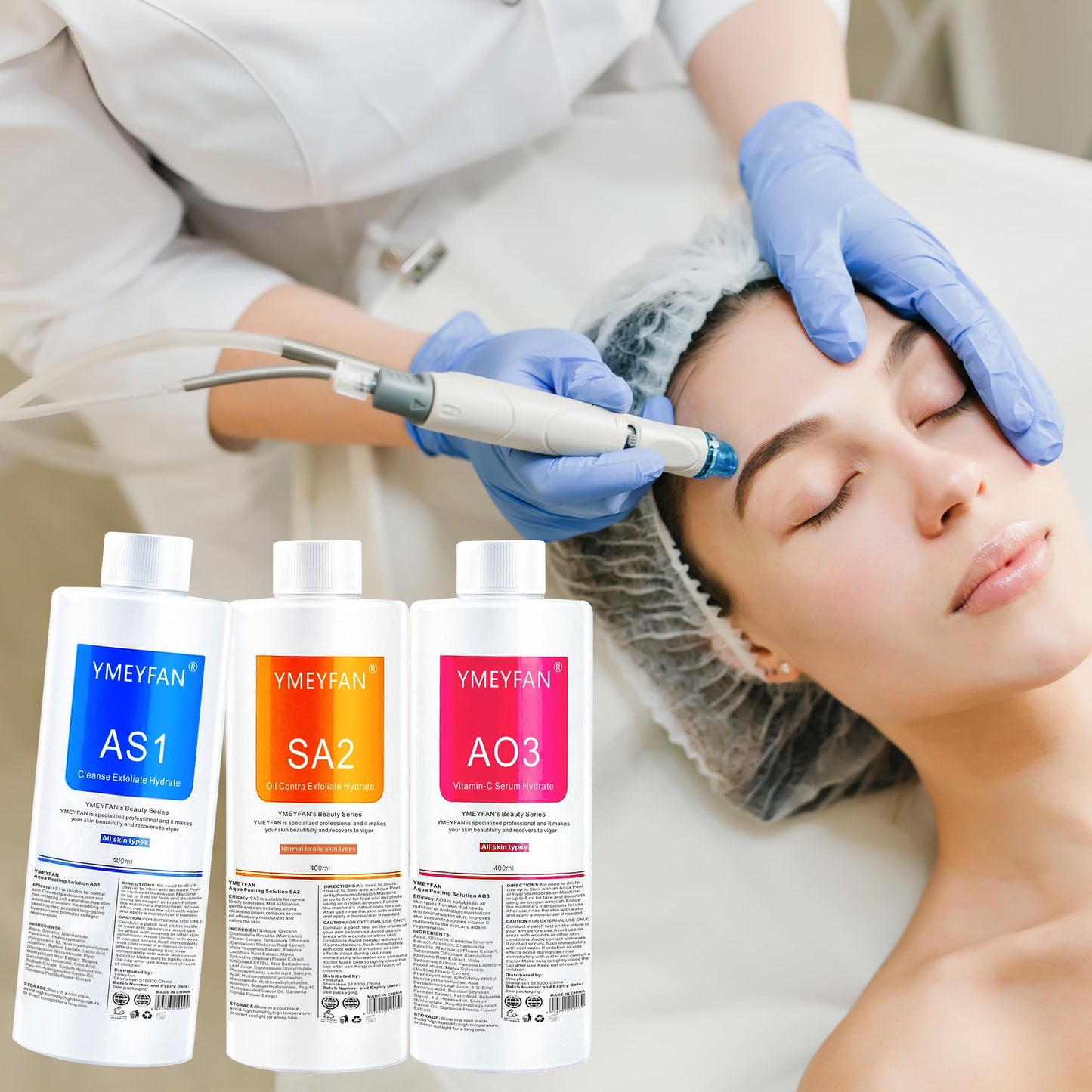 YMEYFAN AS1 SA2 AO3 Hydrate Facial Solution (English Ver.) for Hydra Machine SPA Salon Facial, Aqua Peeling Solution for Small Bubble Facial Machine Cleansing, Exfoliate, Hydrating (400ml Mix 3PCS)