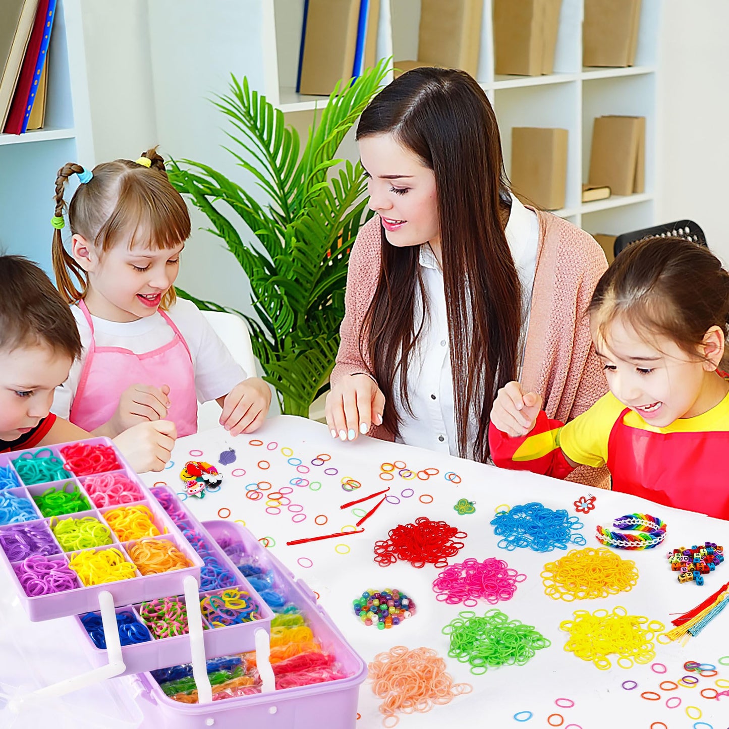 17500+ Rubber Loom Bands with 3 Layer Light Purple Container, 28 Colors, 600 S-Clips, 352 Beads, 40 Cartoon Pendant, Bracelet Making Refill Kit for Kids