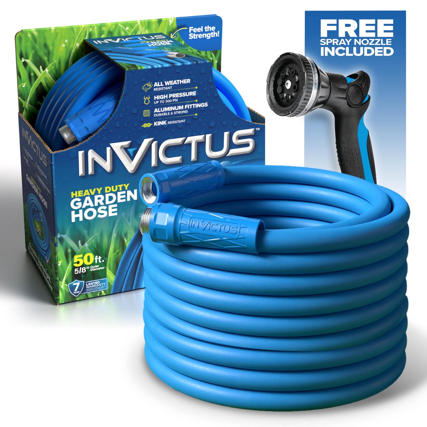 Invictus 50Ft Garden Hose with Nozzle, Premium Heavy Duty Drinking Water Hose 50 Ft, Lightweight, Reinforced 2-Layer Strength, Kink Free, Easy Connect Crush Resistant Fittings, Flexible, 400 PSI
