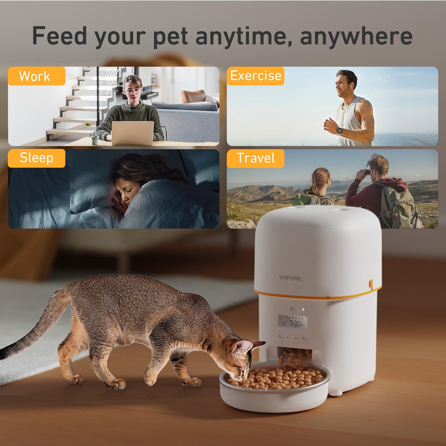 Yuposl Automatic Cat Feeder - 2L Cat Food Dispenser with Over 180-day Battery Life, Anti-Jam Design, 1-6 Meals Per Day with Stainless Steel Cat Bowl, Keep Cat Dry Food Fresh, Also for Small Dog