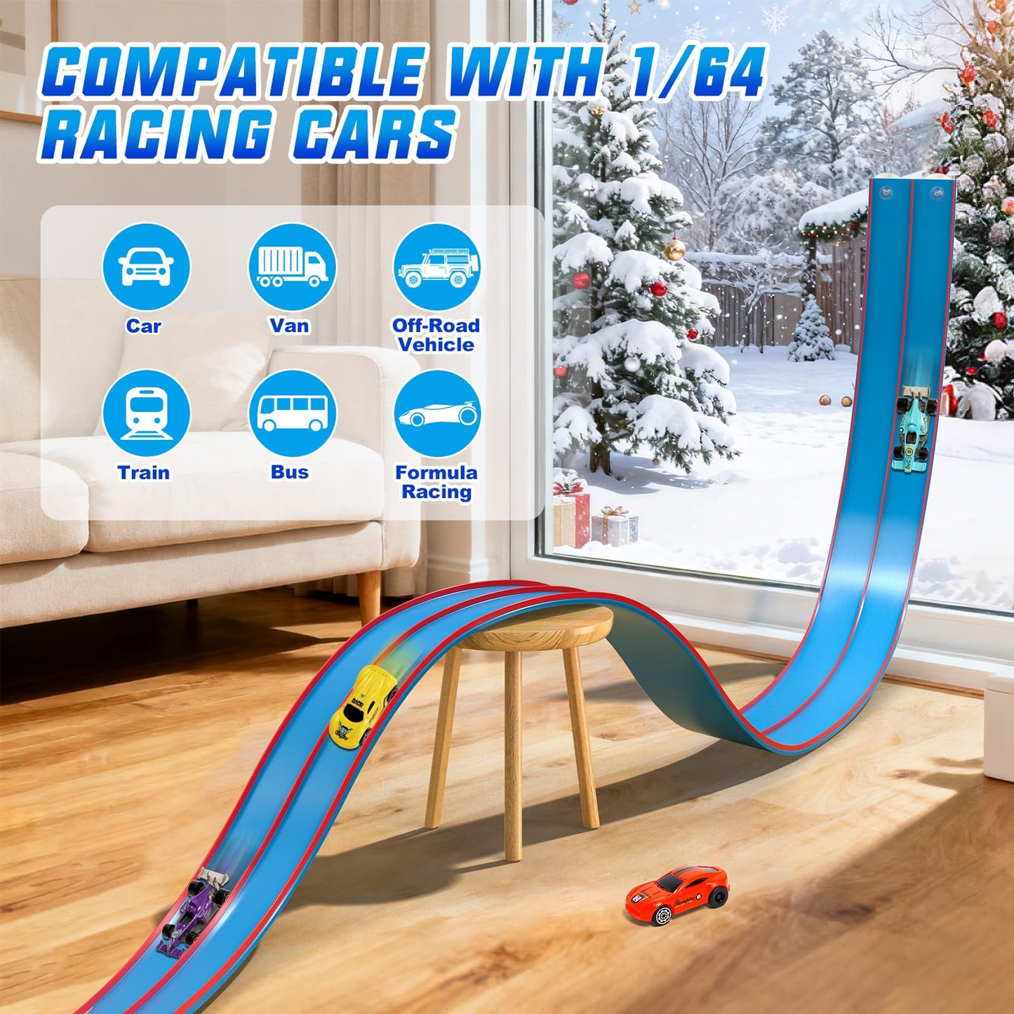 15Ft Flexible Race Car Track Toys for Kids with 4 Car & Suction Cups, Flex Tracks Starter Set Compatible with 1:64 Diecast Cars Portable Rolls Up DIY Racetrack, Gifts for Boys Girls Age 3-5 4-8+