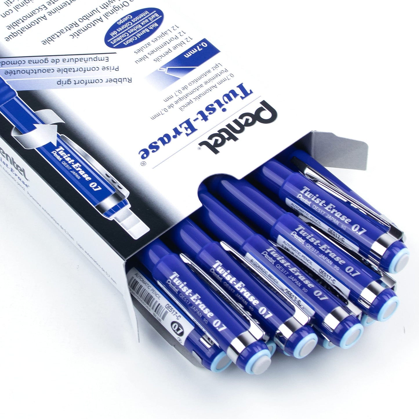 Pentel Twist-Erase III Mechanical Pencil, Writing, Drawing, School Supplies, Large Retractable Eraser, 0.7mm Medium Point, Blue Barrel, QE517-C, Box of 12