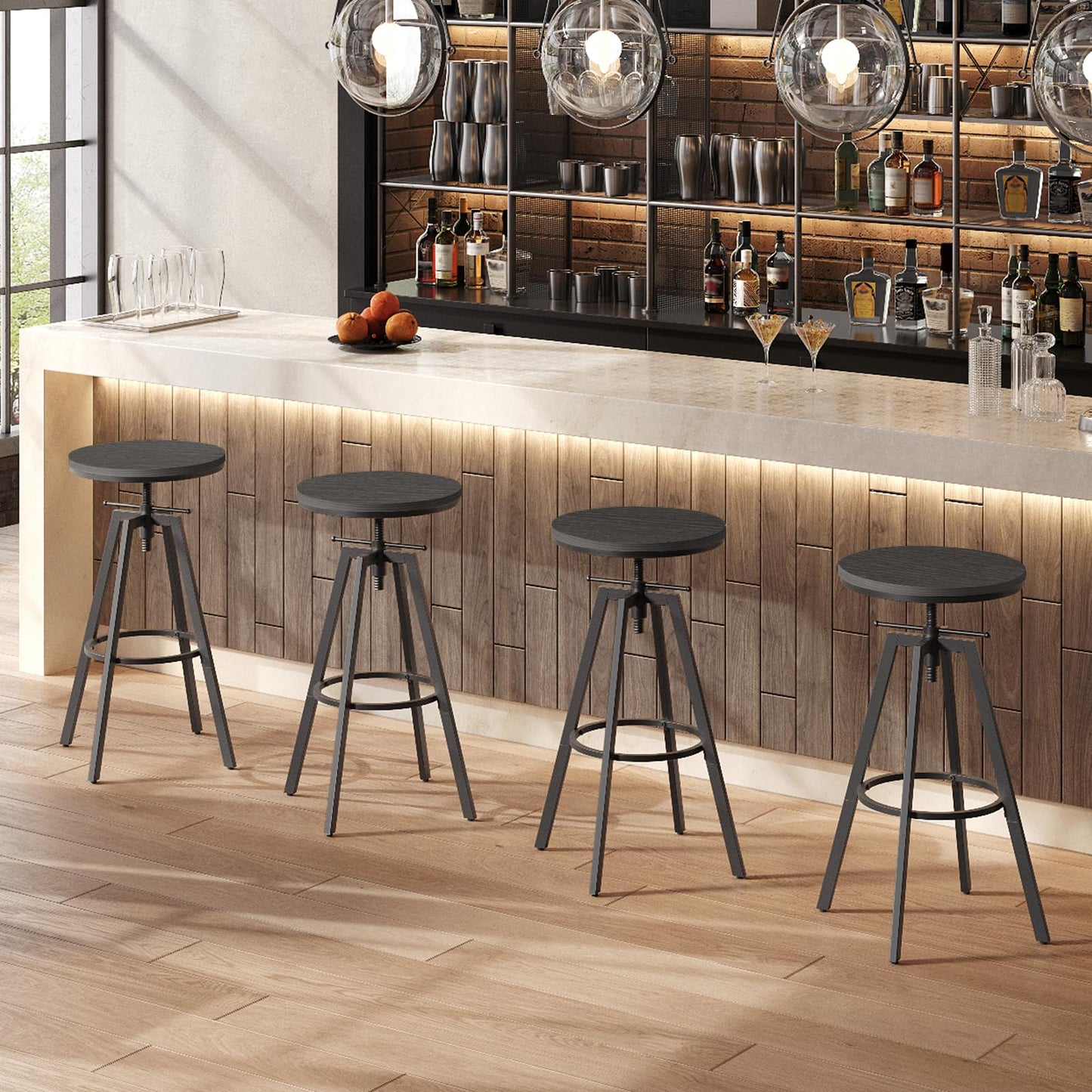 MAHANCRIS Bar Stools, Round Bar Chairs with Sturdy Metal Frame, Set of 2 Industrial Bar Stools, Height Adjustable, Kitchen Breakfast Stools, for Bar, Dining Room, Black BAHB0701