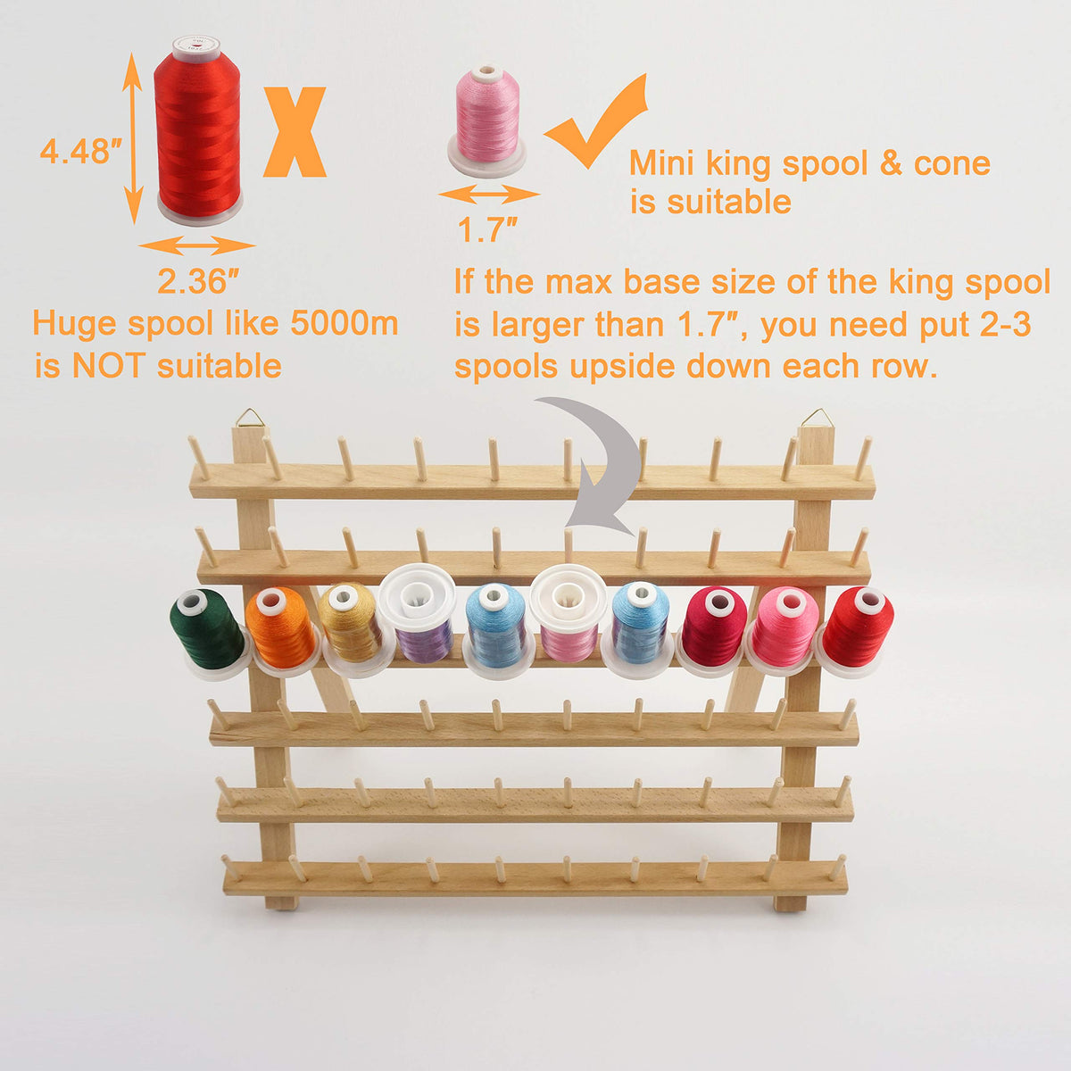 New Brothread 2X60 Spools Wooden Thread Rack/Thread Holder Organizer with Hanging Hooks for Sewing, Quilting, Embroidery, Hair-braiding