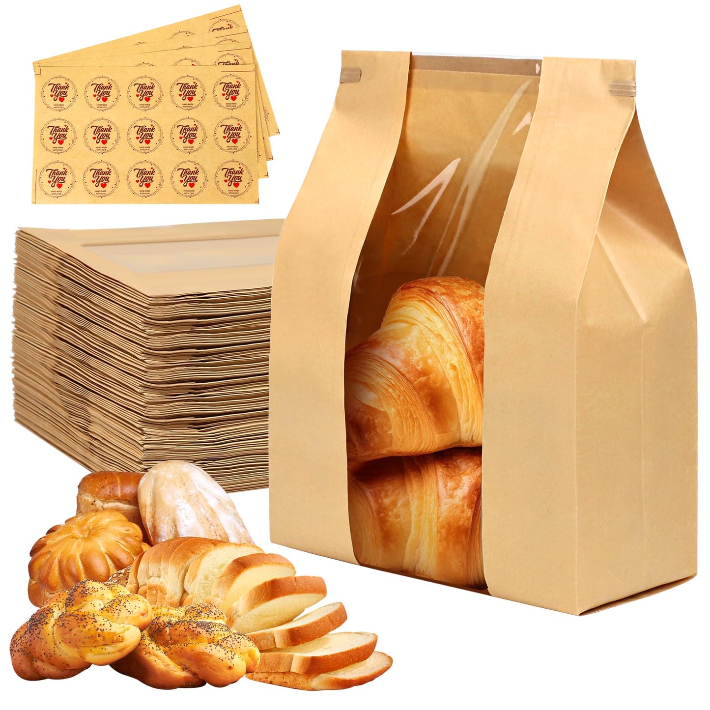 Qeedee 100 Pcs Paper Bread Bags for Homemade Bread Gift Giving, Sourdough Bread Bags with Tin Tie Tab, Kraft Toast Bags with Clear Window and Seal Stickers for Bakery, Treat Packaging, Home Kitchen