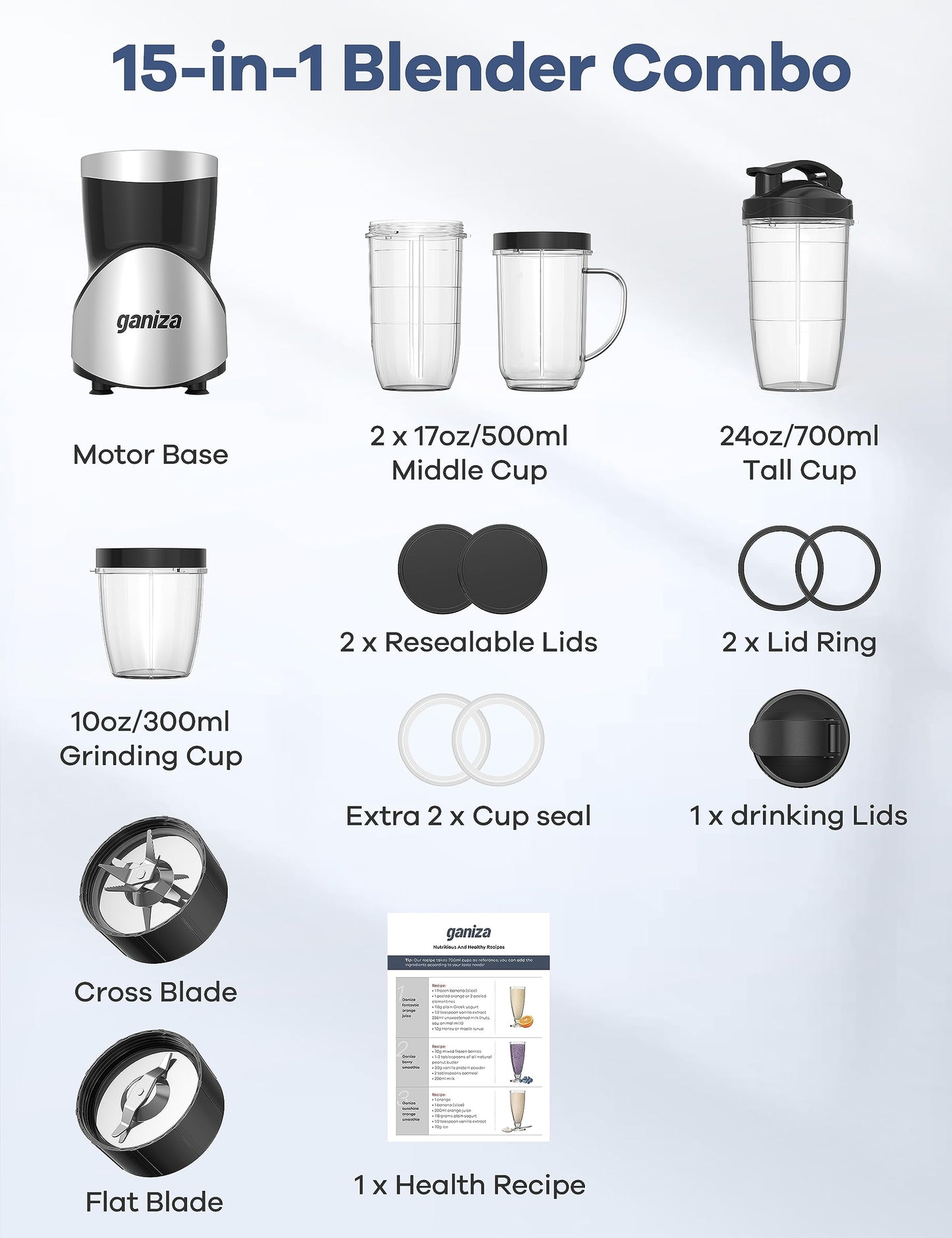 Smoothie Blender, Ganiza Blenders for Smoothies with 15-Piece Blender and Grinder Combo, 4 BPA-Free Personal Blender Cup, for Shakes, Protein Drinks, Fruit Vegetable Drink, Nuts, Spices, Coffee Beans