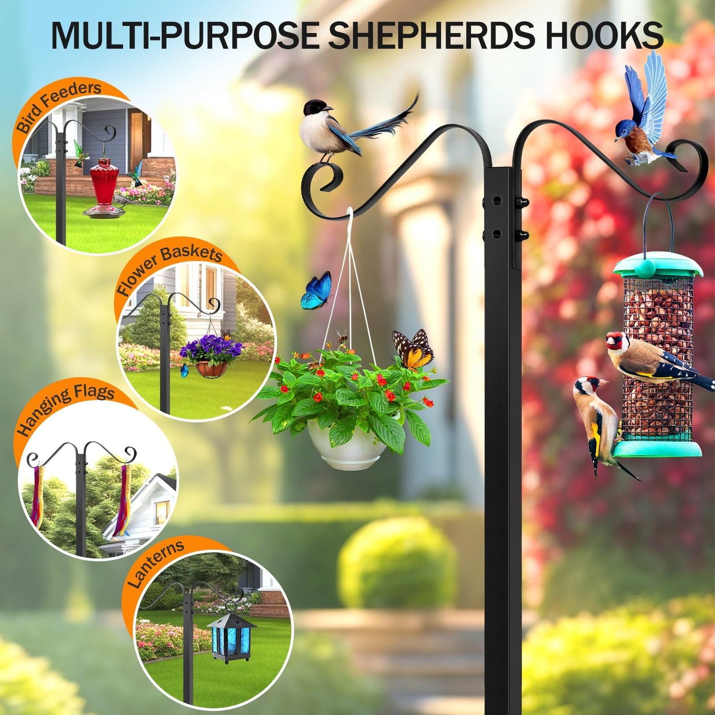 Jvgoo Garden Hose Holder for Outside - Upgraded Water Hose Stand With 5 Spikes & 2 Shepherds Hooks, Freestanding Heavy Duty Hanger Storage Reel Rack for Yard Lawn