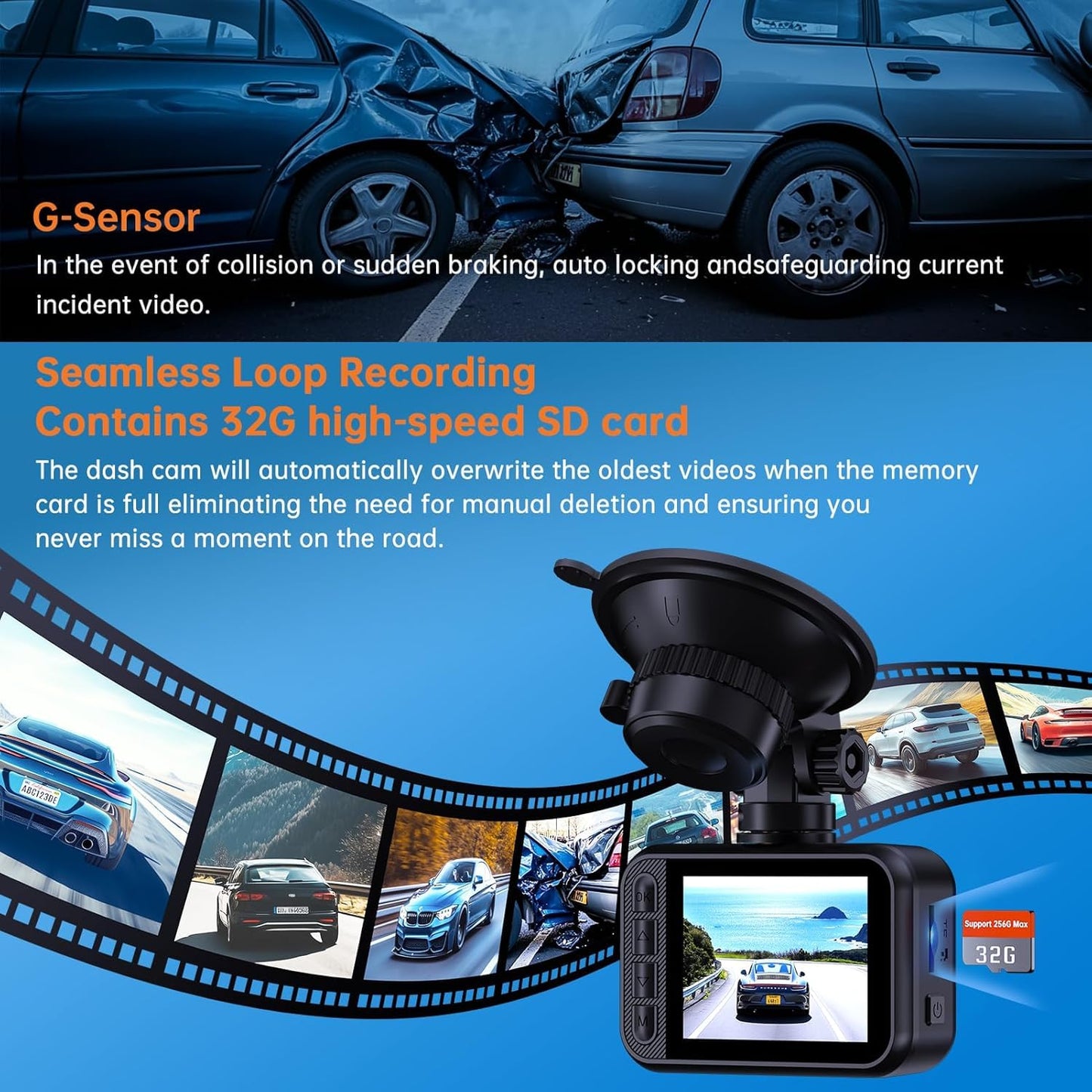 Dash Cam Front and Rear Camera, 2.5K+1080P QHD Dual Channel Dashcam for Cars, Mini Car Camera, 2 inch IPS Screen, 32GB Card Included, WDR Night Vision, 24 Hours Parking Monitor, G-Sensor
