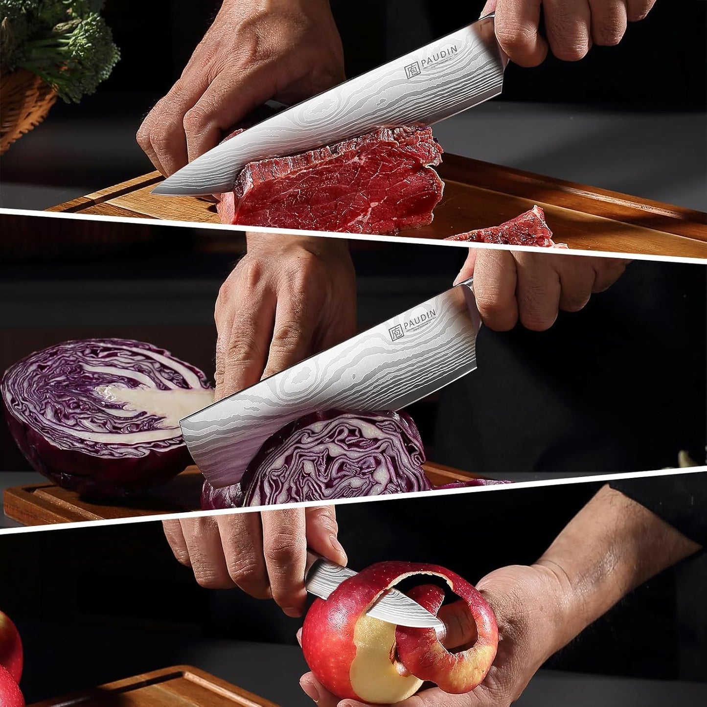 PAUDIN Kitchen Knife Set, Professional Knives Set, Chef Knife Set with Sharp High Carbon Stainless Steel Blade and Pakkawood Handle, Japanese Knife Set with Gift Box (3 PCS Knife Set)