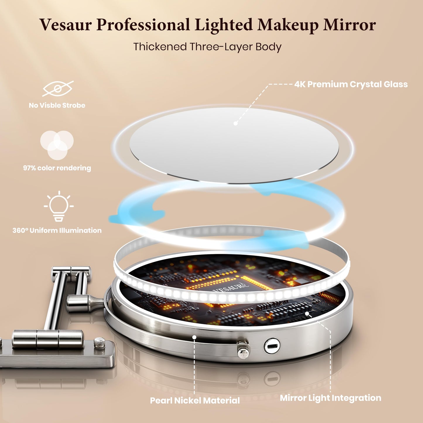 5000mAh Rechargeable Wall-Mounted Lighted Makeup Mirror, 15X HD Magnifying Mirror with 3-Color Dimmable LED Lights, Touch-Sensitive Control, 17" Extendable 360° Swivel Bathroom Mirror, Pearl Nickel