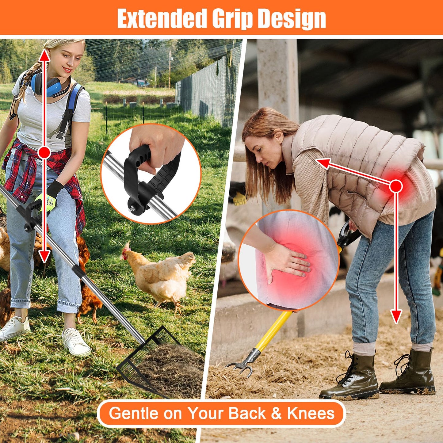 Chicken Poop Scooper and Rake with Ergonomic Handle, 2 in 1 Large Metal Chicken Coop Scoop for Poop with Adjustable Stainless Steel Pole, Sand Sifting Shovel for Chicken Coop Accessories