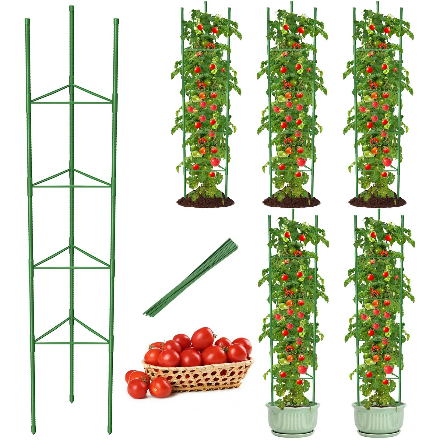 MYMULIKE 6 Pack 63 Inch Tomato Cage for Garden, Tomato Trellis for Raised Garden Bed/Pots,Tomato Plant Supports Stakes, Plant Trellis for Vegetables & Climbing Plants Outdoor (Pot Not Included)