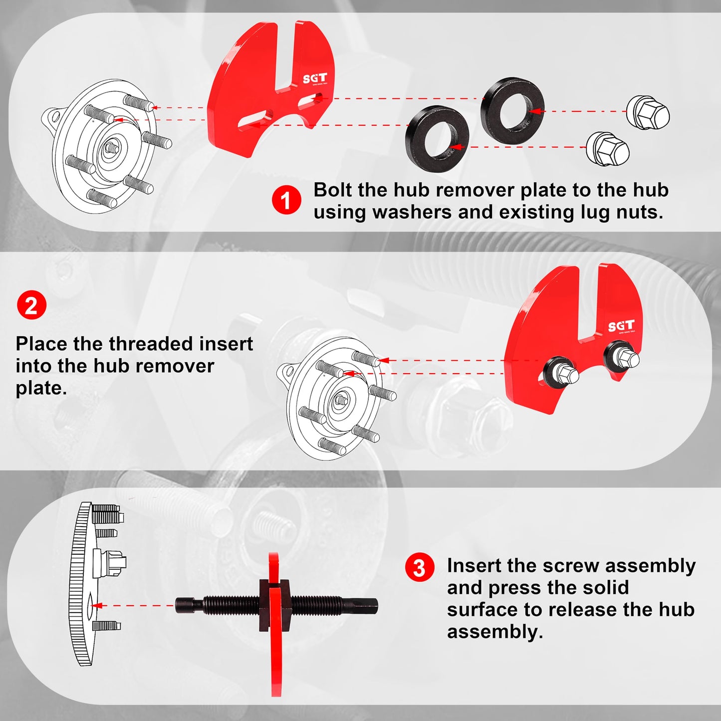 SGT 40100 Hub Remover Set,Wheel Bearing Hub Remover Tool Set Compatible with 5 6 8 Lug Hub Assemblies on Cars and Trucks,Wheel Hub Removal Tool with Gloves