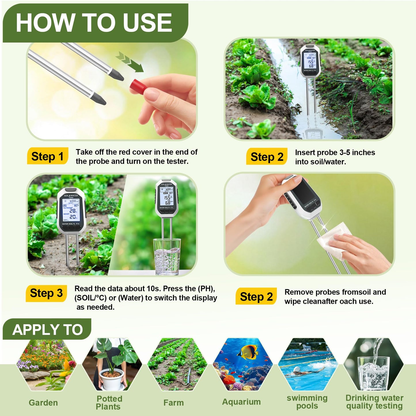 7-in-1 Soil＆Water Meter Digital Plant Temperature/Soil Moisture/PH Meter/Sunlight Intensity/Fertility/EC/TDS Backlight LCD Display Soil Test Meter TDS EC Meter for Garden Indoor Outdoor