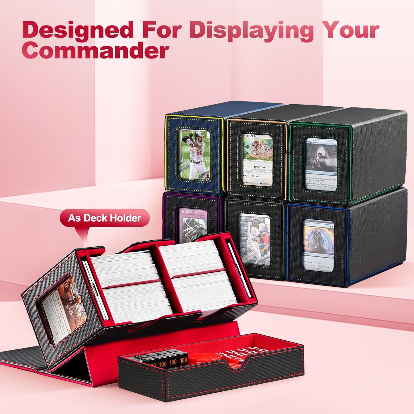 Card Deck Box for MTG, Double Card Storage Box with 2 Commander Display & Dice Tray, Fits 200+ Double Sleeved Cards, Card Organizer for CCG TCG Sports Cards (Black&Red)