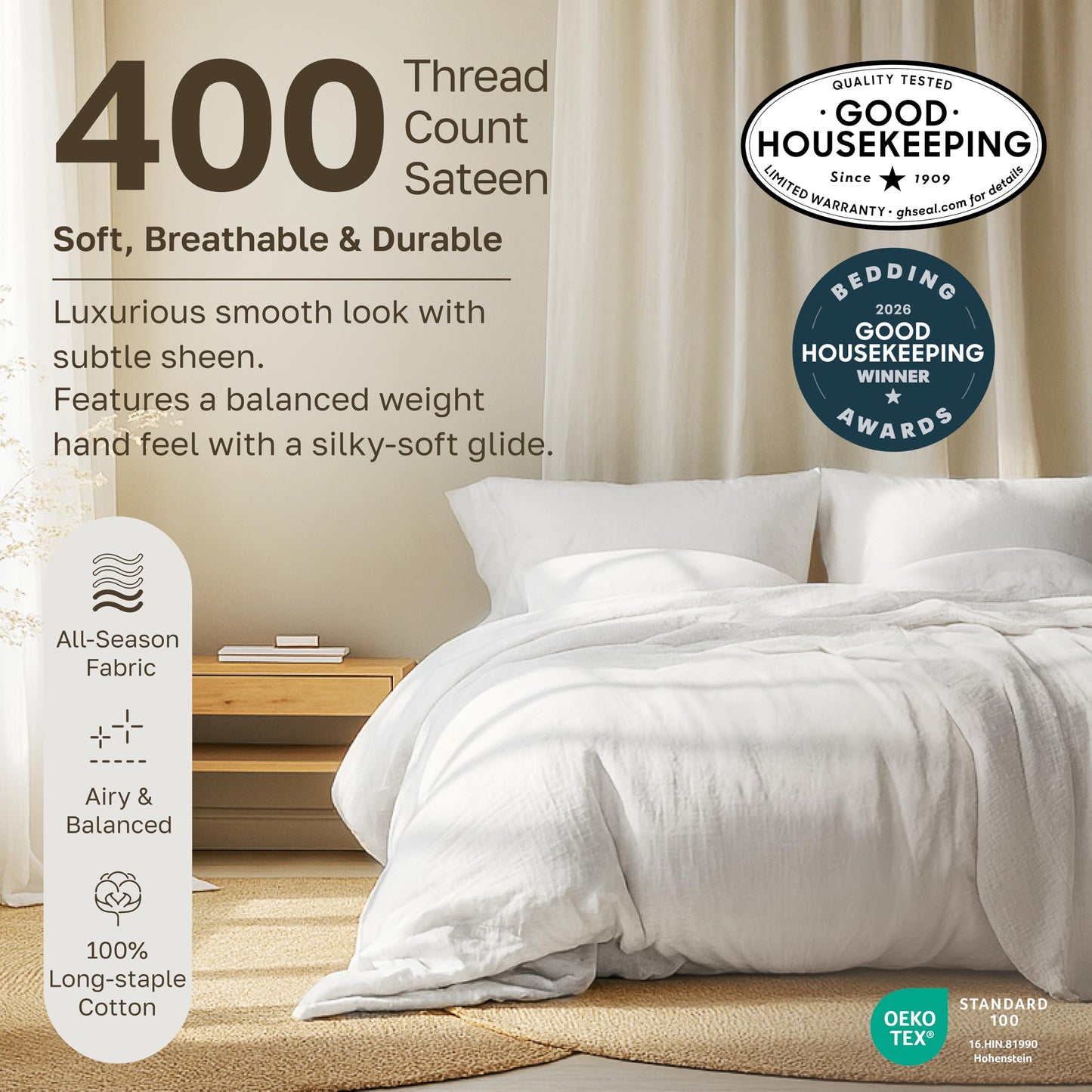 California Design Den Softest 100% Cotton Sheets, Full Size Sheet Sets, 4 Pc Set, 400 Thread Count Sateen Bedding, Deep Pocket Sheets, Cooling Sheets, Full Size Sheets, Breathable Bed Set (White)