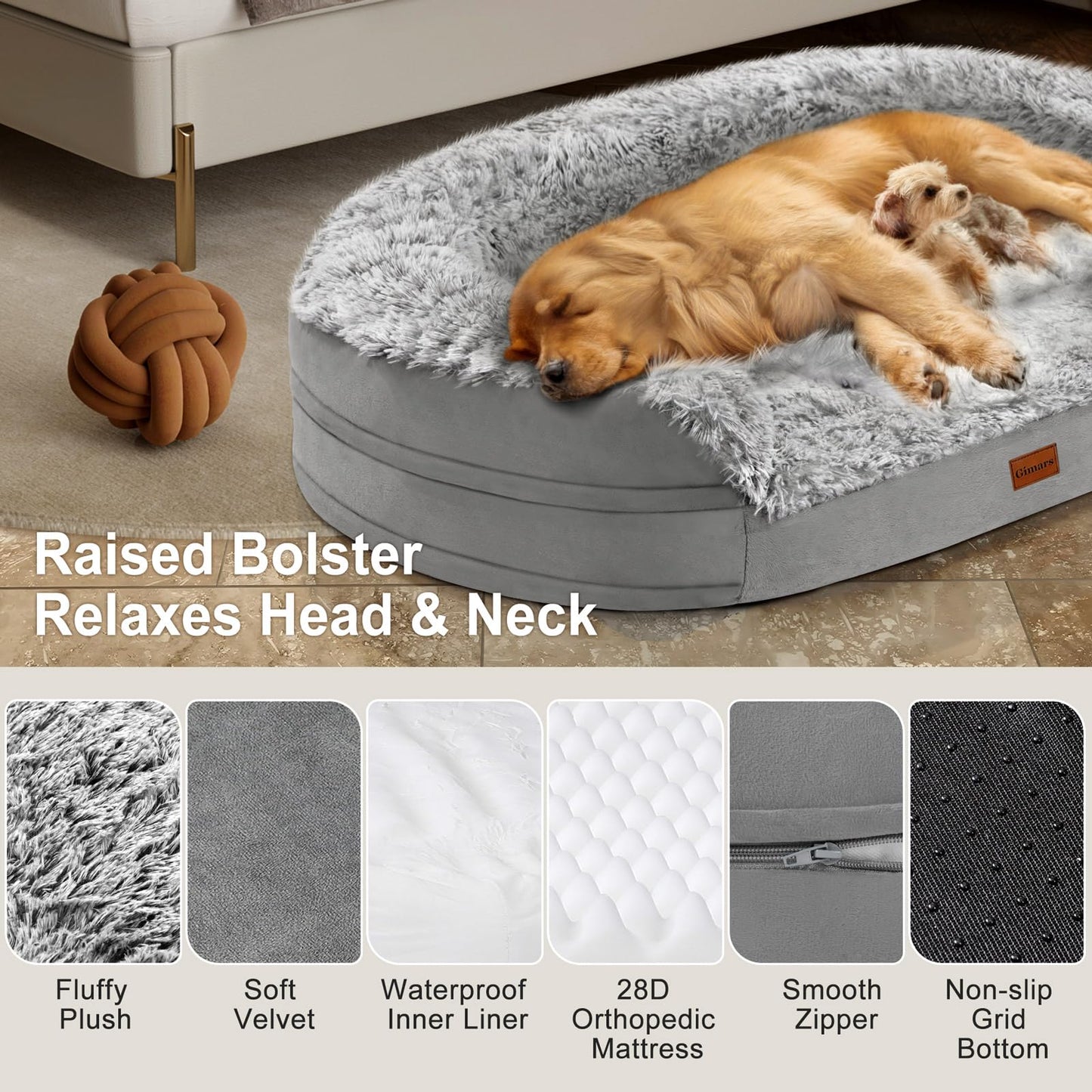 Gimars 3.7in Ultra Thick Orthopedic Dog Beds for Large Dogs,Soft Egg Foam Dog Sofa Bed, 28D Crate Foam Washable Cover, Waterproof Lining Supportive Half-Round for Aging Dogs 41.3x32.6x7.7in