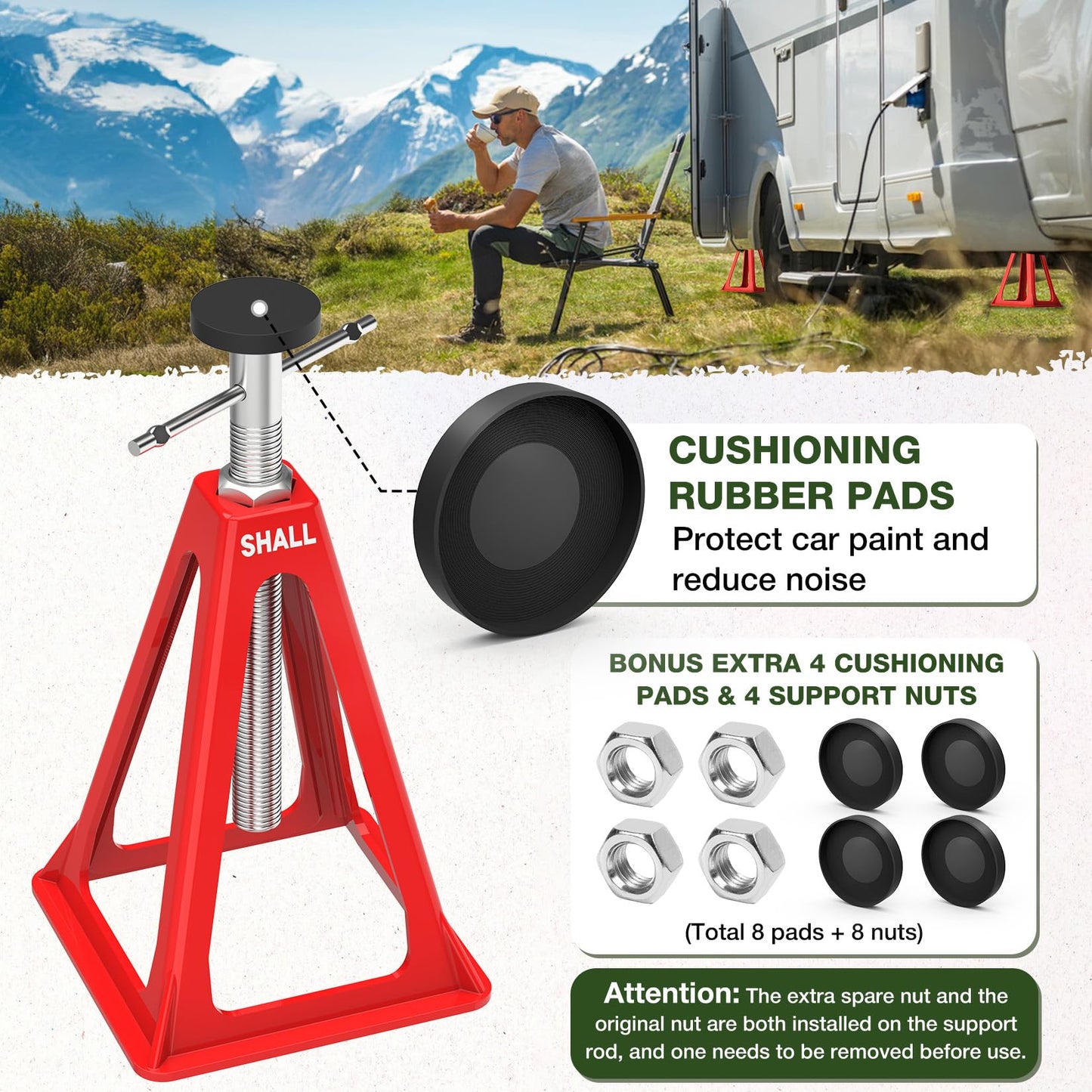 SHALL RV Stabilizer Jacks, 4-Pack Heavy Duty Aluminum Jack Stands for Travel Trailer Camper, Single Support up to 7500 Lbs, RV Leveling Screw Jack with Spare Nuts & Pads, Adjustable from 11" to 17"