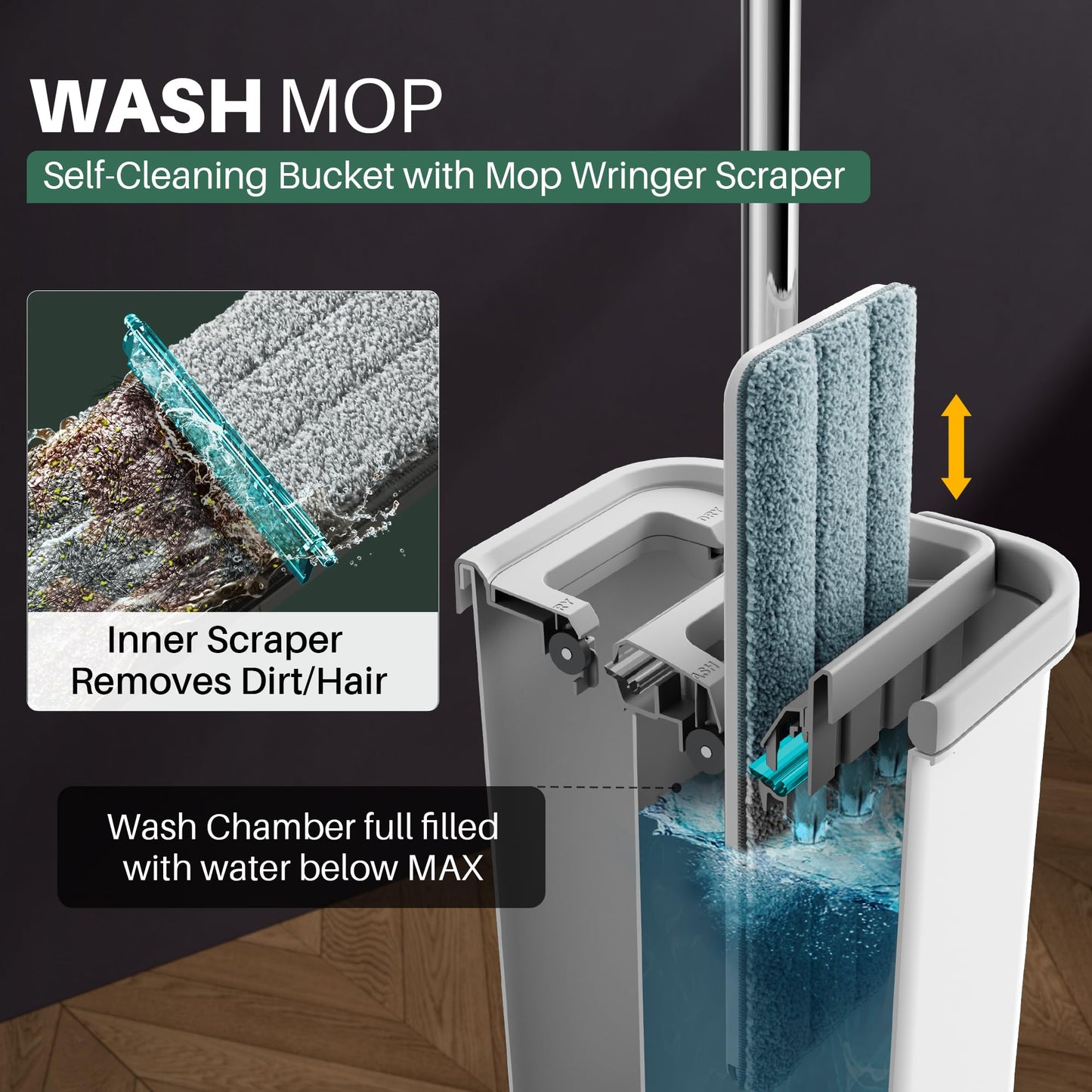 JOYMOOP Mop and Bucket with Wringer Set, White Flat Squeeze Mop Bucket Set for Floor Cleaning, Wall Cleaner with Long Handle, Hardwood Floor Mop, Flat Head Mops -5 Microfiber Cloths