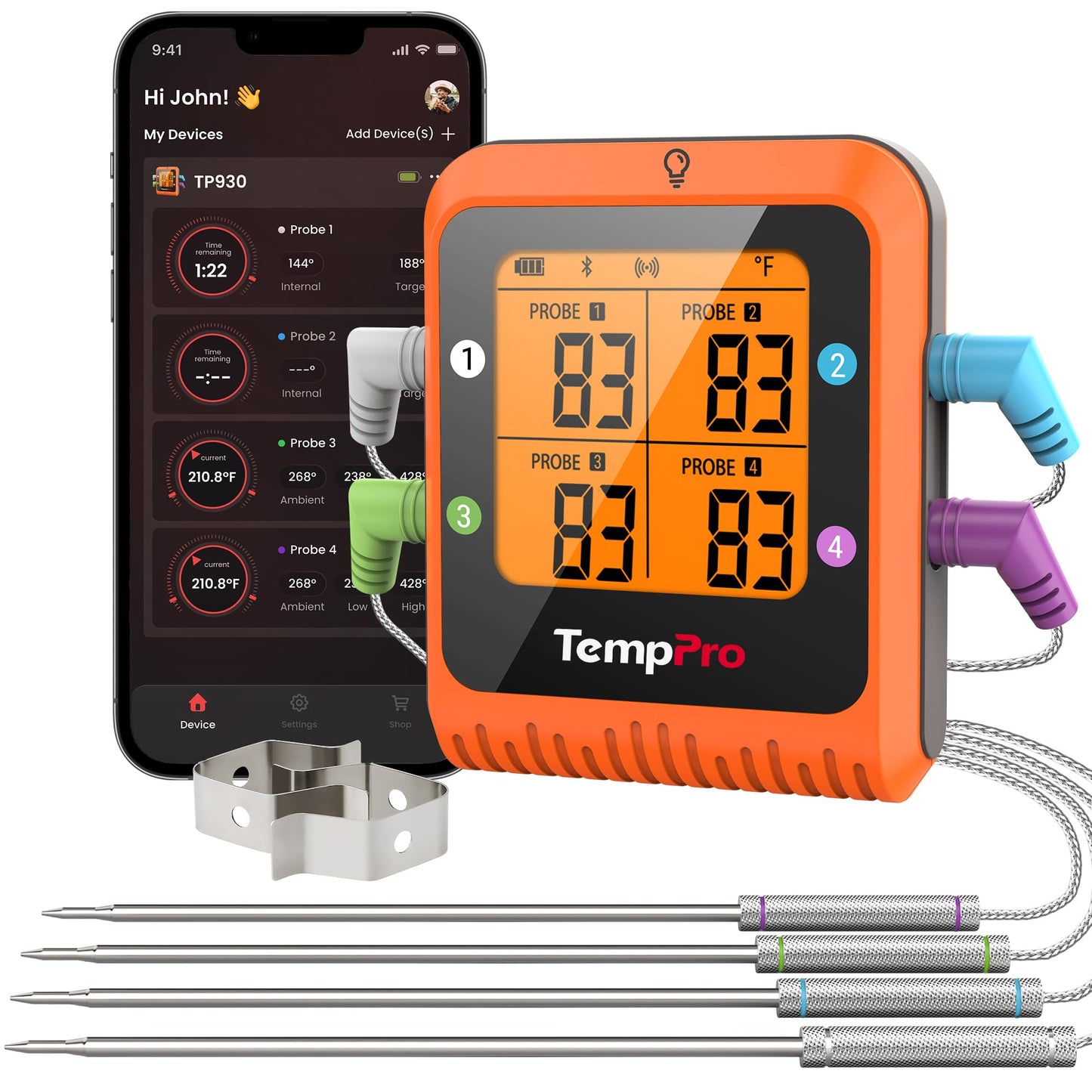 ThermoPro TP930 650FT Wireless Meat Thermometer, Bluetooth Meat Thermometer with 4 Color-Coded Meat Probes, Grill Thermometer with Timer, Smart Meat Thermometer Wireless for BBQ Oven Smoker