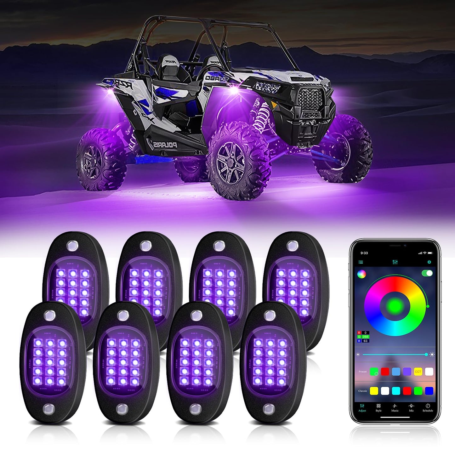 8 Pods RGB LED Rock Lights Kit with APP Control, Multi-Color 175° Beam Angle Car Underglow Lights for Trucks, Waterproof Music Mode, Neon Underbody Lights for Jeep UTV SUV ATV Boat Golf Cart Exterior