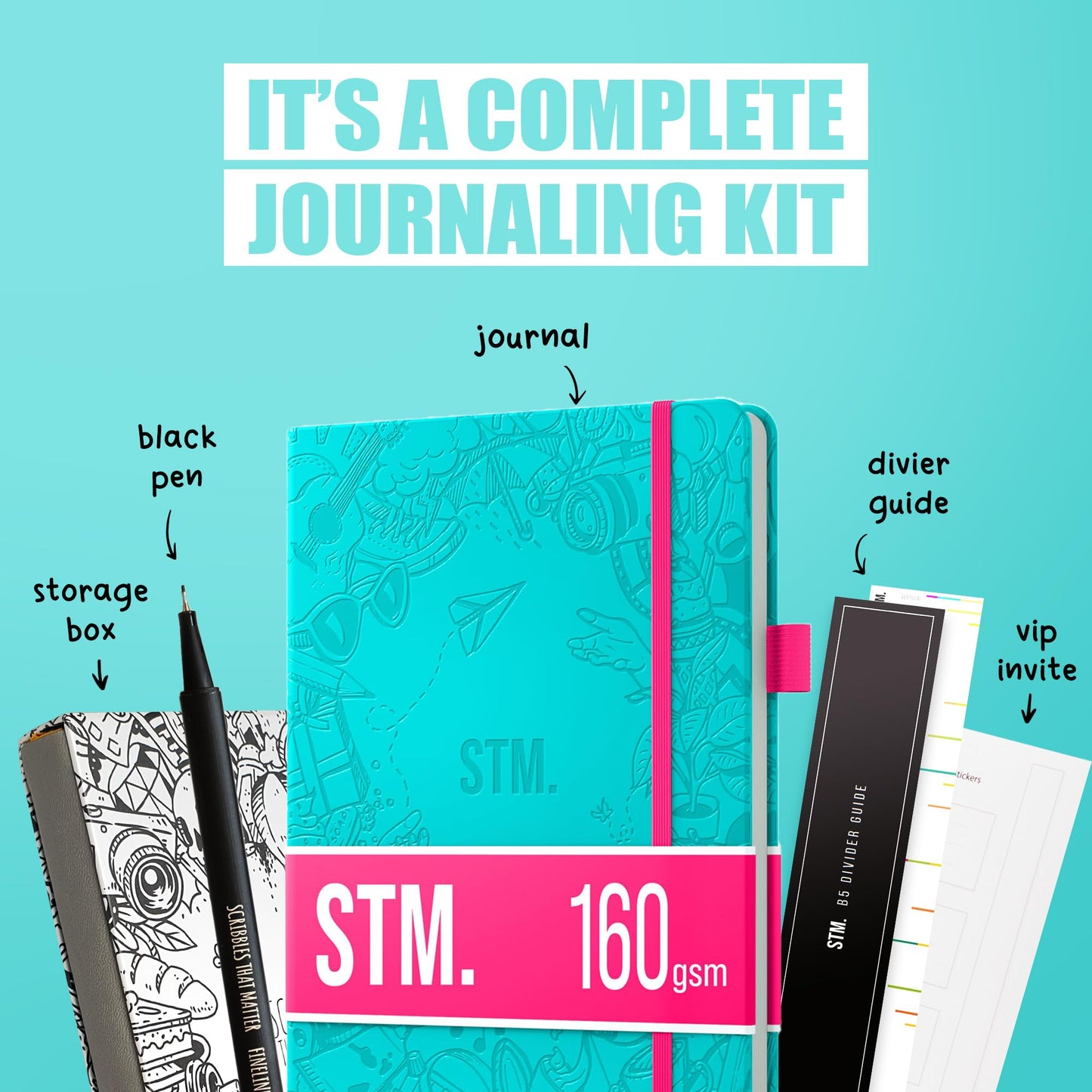 B5 Bullet Dotted Journal Notebook by STM | Thick Bleedproof 160gsm Paper, 150 Pages | Lay Flat Vegan Leather Hardcover | 2 Bookmarks, Printed Page numbers | Black Pen | 7 x 10 in | Charcoal