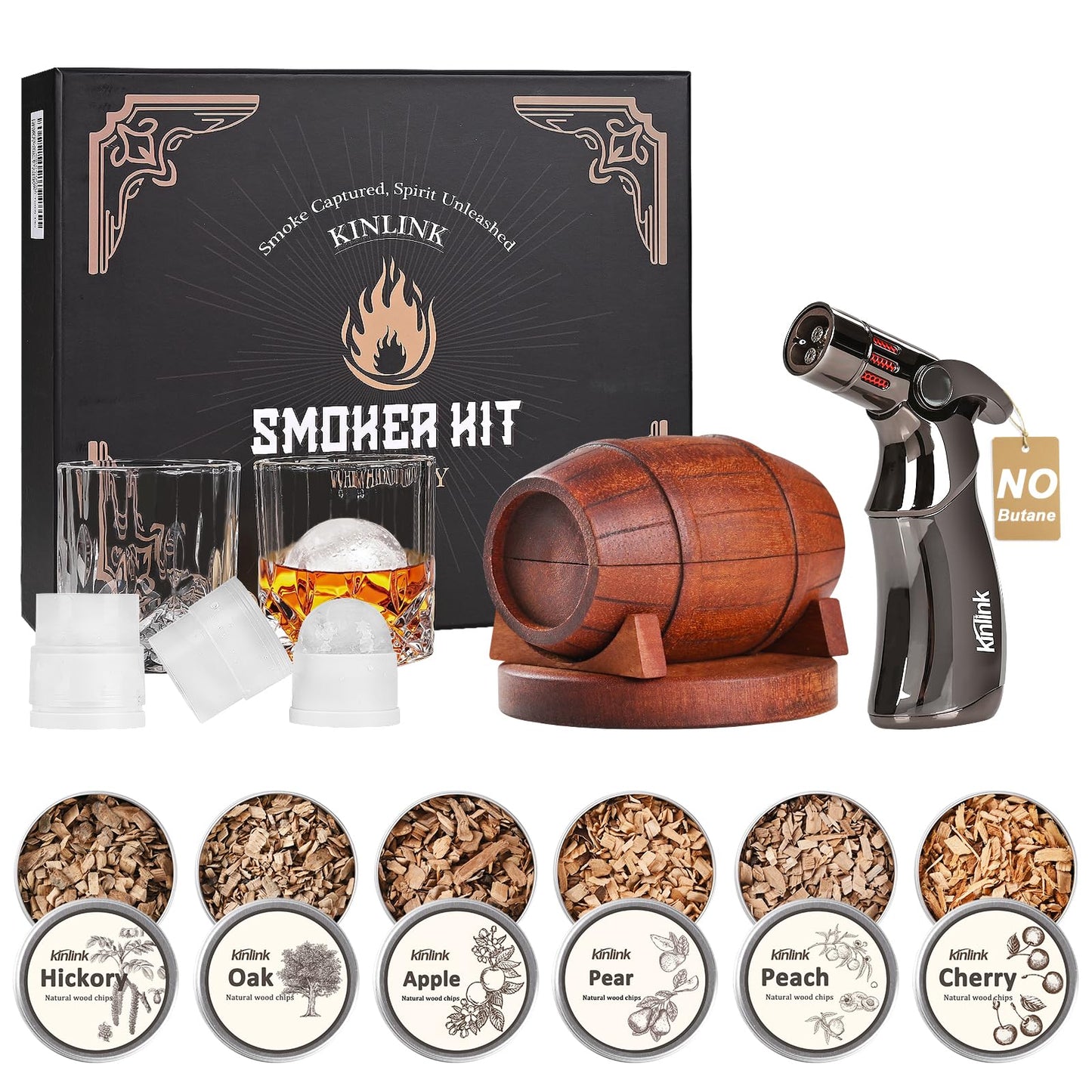 Whiskey Smoker Kit with Torch No Butane, 6 Flavors Wood Chips, 2 Whiskey Glasses, 2 Ice Ball Molds, Cocktail Drink Smoker Kit, Old Fashioned Smoker Kit, Birthday Anniversary Bourbon Gifts for Men Dad
