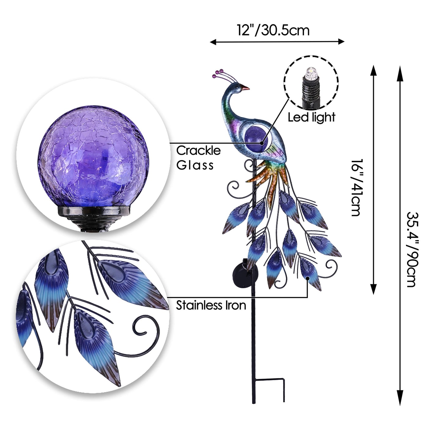 TERESA'S COLLECTIONS Peacock Solar Outdoor Light, 35.4'' Metal Lawn Ornaments with Crackle Glass Ball, Decorative Stake for Garden Decor