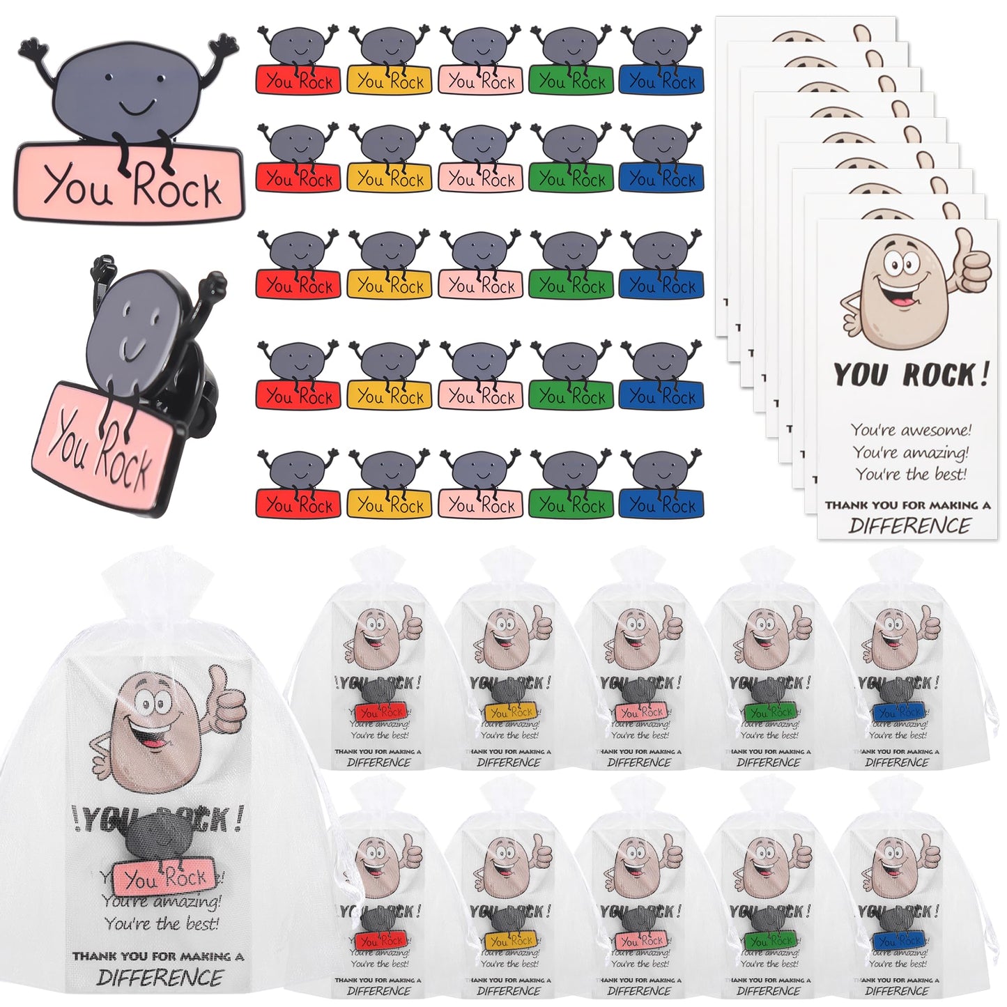 SINCCO 25 Sets Employee Appreciation Gifts Bulk, Funny You Rock Employee of The Month Enamel Pins with Thank You Cards Small Inspirational Lapel Pins for Coworkers Office Staff Team Building, Small
