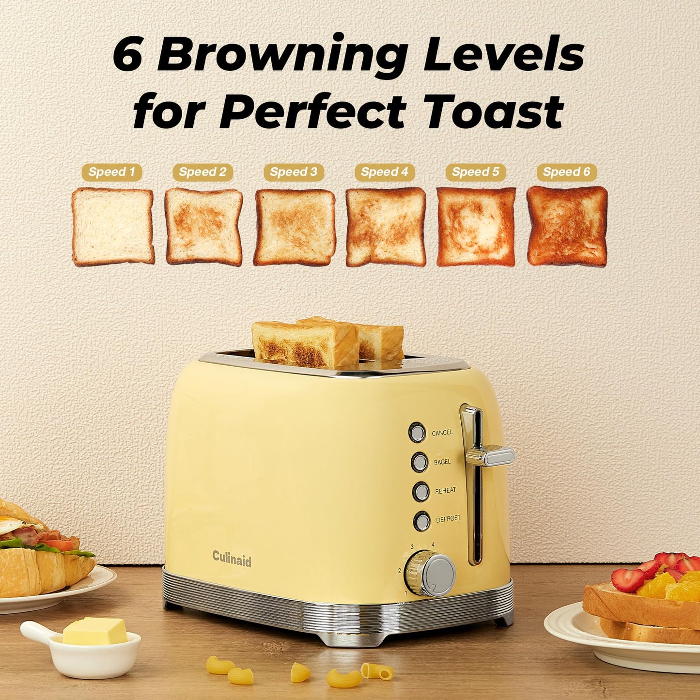 Culinaid 2 Slice Toaster Retro Stainless Steel with 1.5” Extra Wide Slots Bagel, Defrost, Reheat, Cancel Function, 6 Bread Shade Settings, Removable Crumb Tray, Yellow