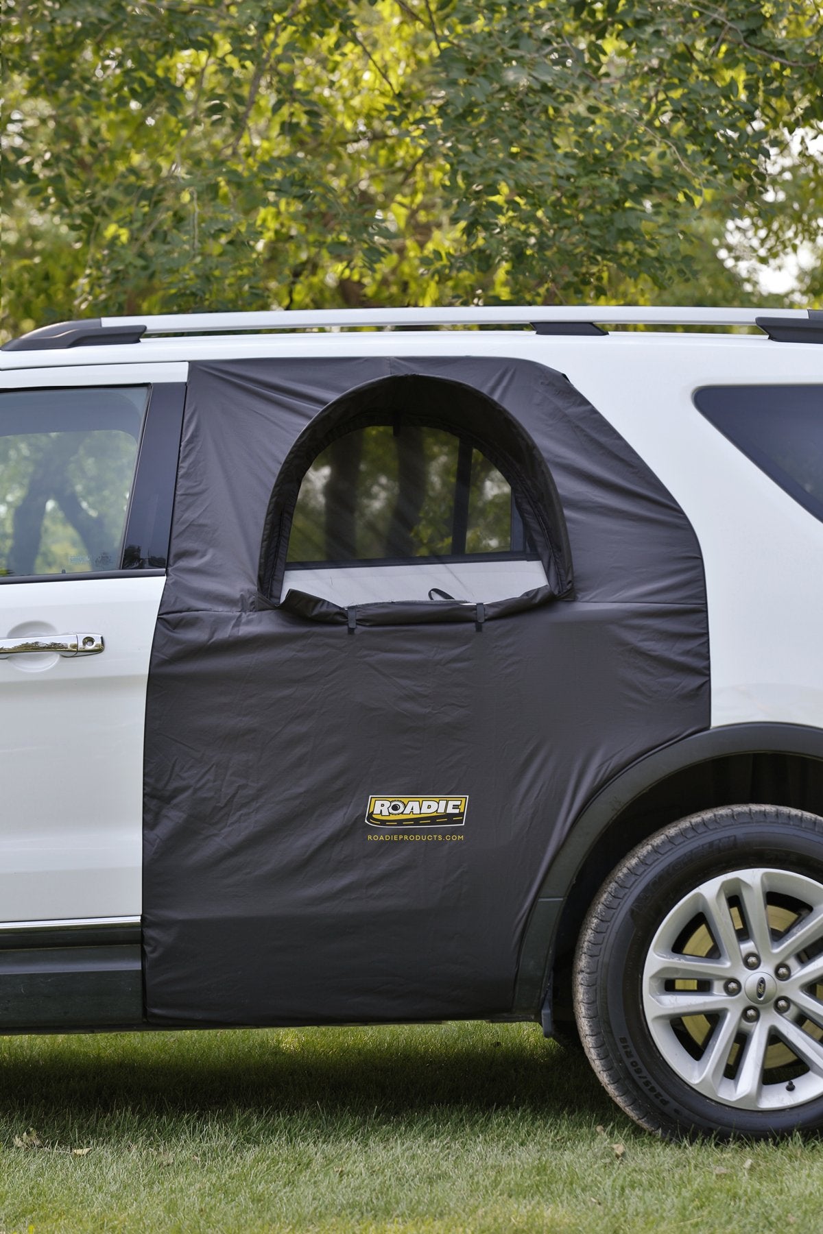 Roadie- The OVERNIGHTER™ SUV Window Tent with Bug Screen and Retractable Awning. Great for Camping in an SUV. (Patented)
