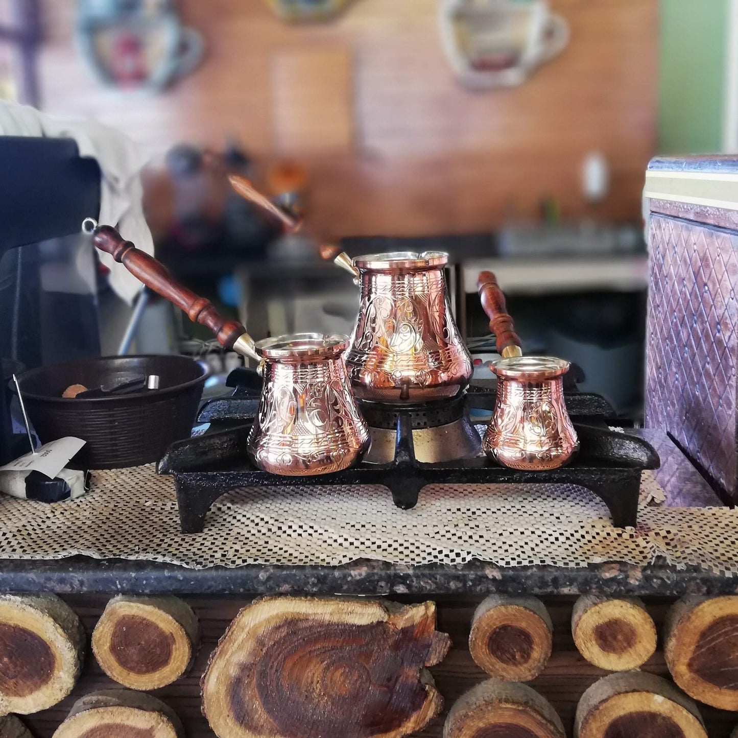 PC Series (Small- 6 fl oz) - Thickest Solid Copper Engraved Turkish Greek Arabic Coffee Pot Wooden Handle Heavy Duty, Stovetop Coffee Maker, Jazzve, Cezve, Ibrik with Hammered Base