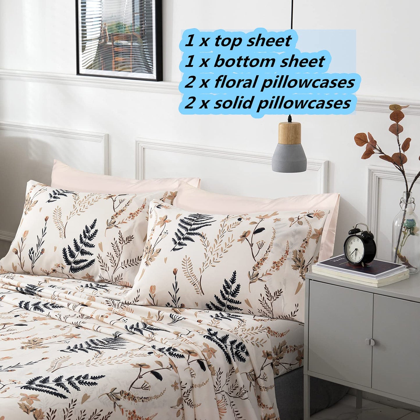 JSD Blush Pink Floral Print Sheet Set Queen 6 Piece, Soft Botanical Ferns Pattern Microfiber Sheets Deep Pocket