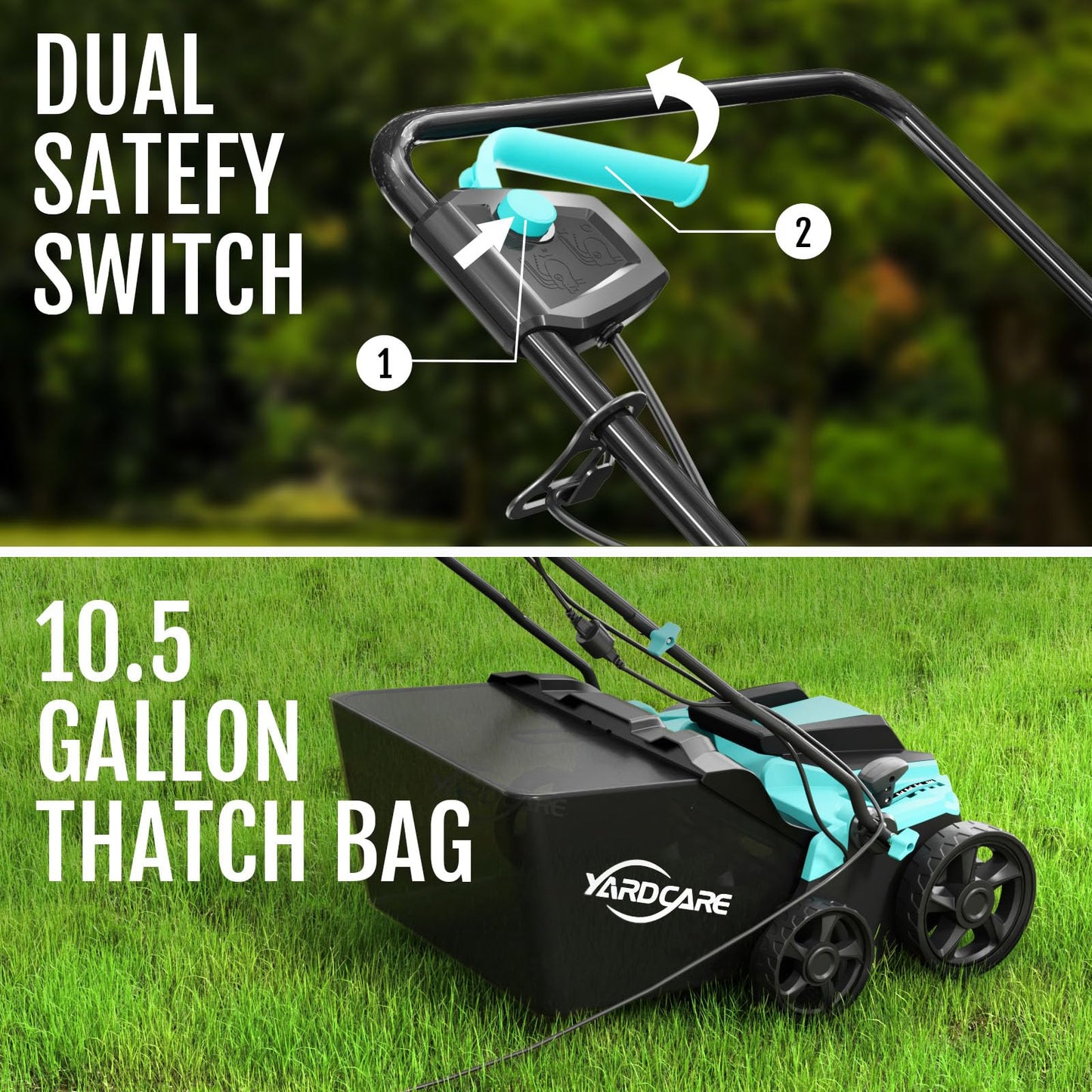 (2025 New) YARDCARE Electric Dethatcher and Scarifier, 2-in-1 Powerful Lawn Dethatcher with 10.5 Gal Thatch Bag, 5-Position Height Adjustment, Dual Switch, Keep Lawn Healthy