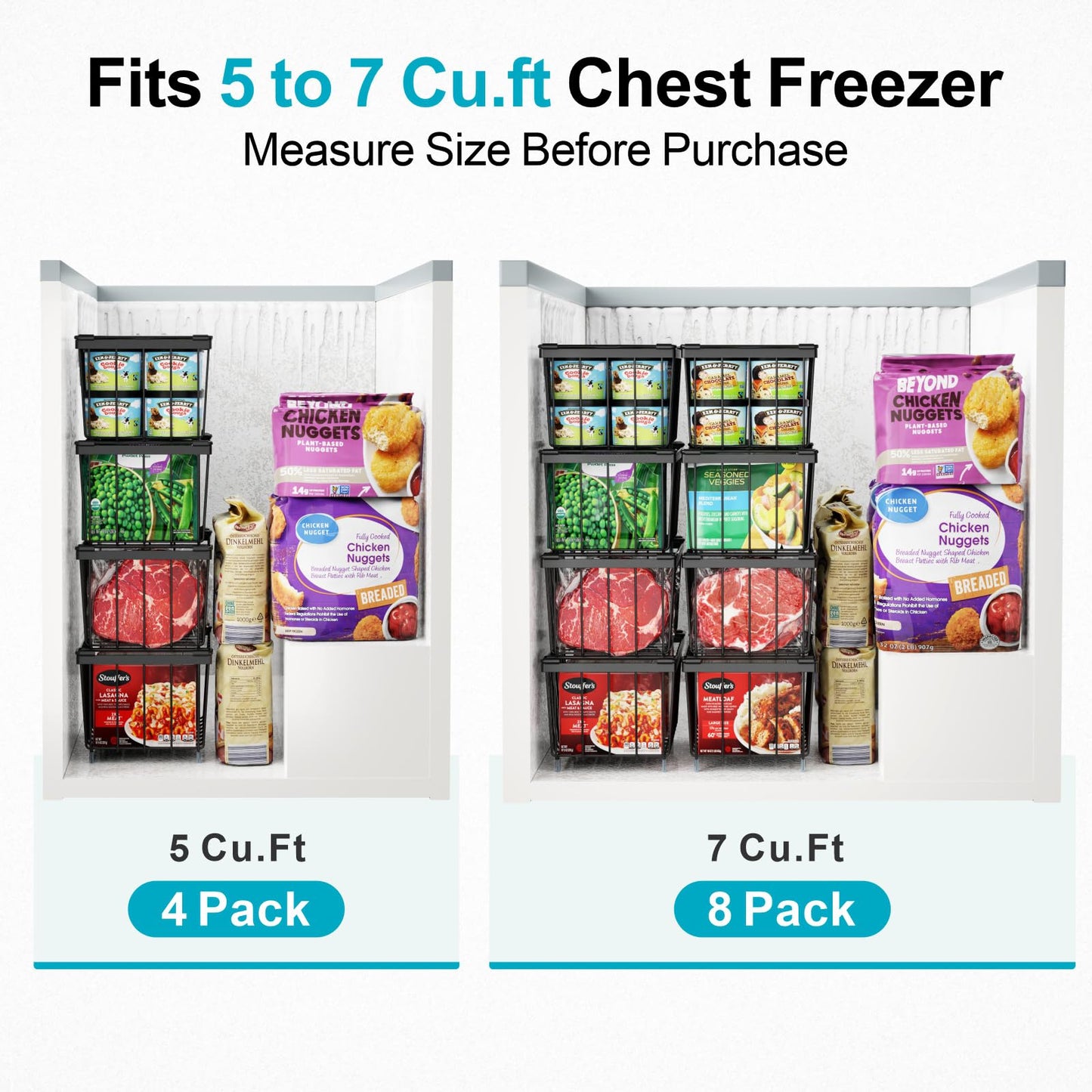 iSPECLE Freezer Organizer Bins - 4 Pack Stackable Wire Baskets for 5 to 7 Cu.Ft Deep Freezer, Sort Frozen Foods Chest Freezer Organizer with Handles Easily Get Food and Add Storage Space, Black
