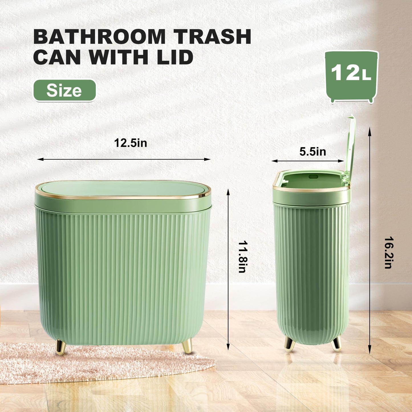 Supteron Bathroom Trash Can with Lid 3.2 Gallon Narrow Trash Can Small Plastic Trash Bin 12 Liter Rectangular Plastic Garbage Can with Press Type Lid for Bedroom Bathroom